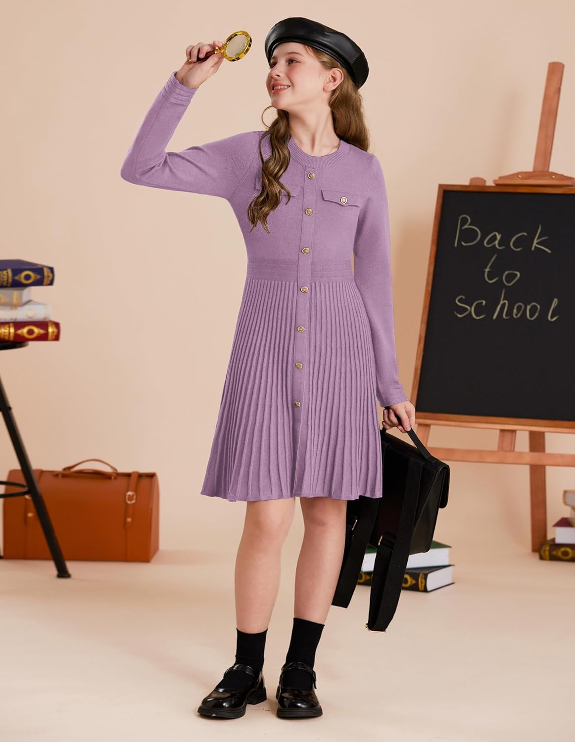 GRACE KARIN Girls Sweater Fall Dress Long Sleeve Knit Button Front Pleated A-Line Casual Winter Midi Dresses 5-14Y - Image 6