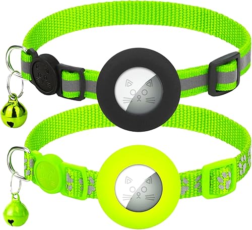 Paquete de 2 collares reflectantes para gatos con campana, collares para gatos con soporte para AirTag, color verde