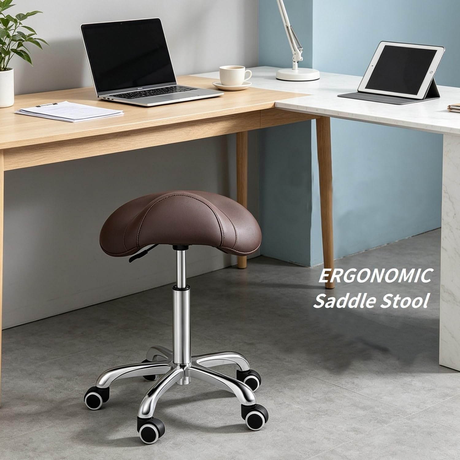Kaleurrier,Taburete de sillín giratorio con ruedas de altura ajustable, resistente taburete antifatiga, taburete ergonómico para laboratorio, clínica, dentista, masaje, oficina y cocina en casa