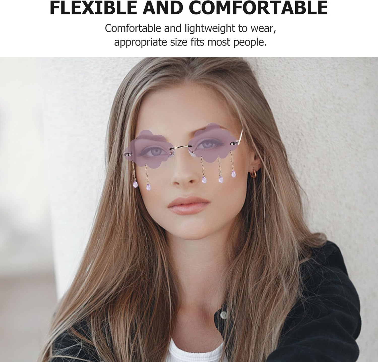 Rimless Cloud Sunglasses for Women, Fun Purple Lens Eyewear Gold Frame, Novelty Party Disco Accessories