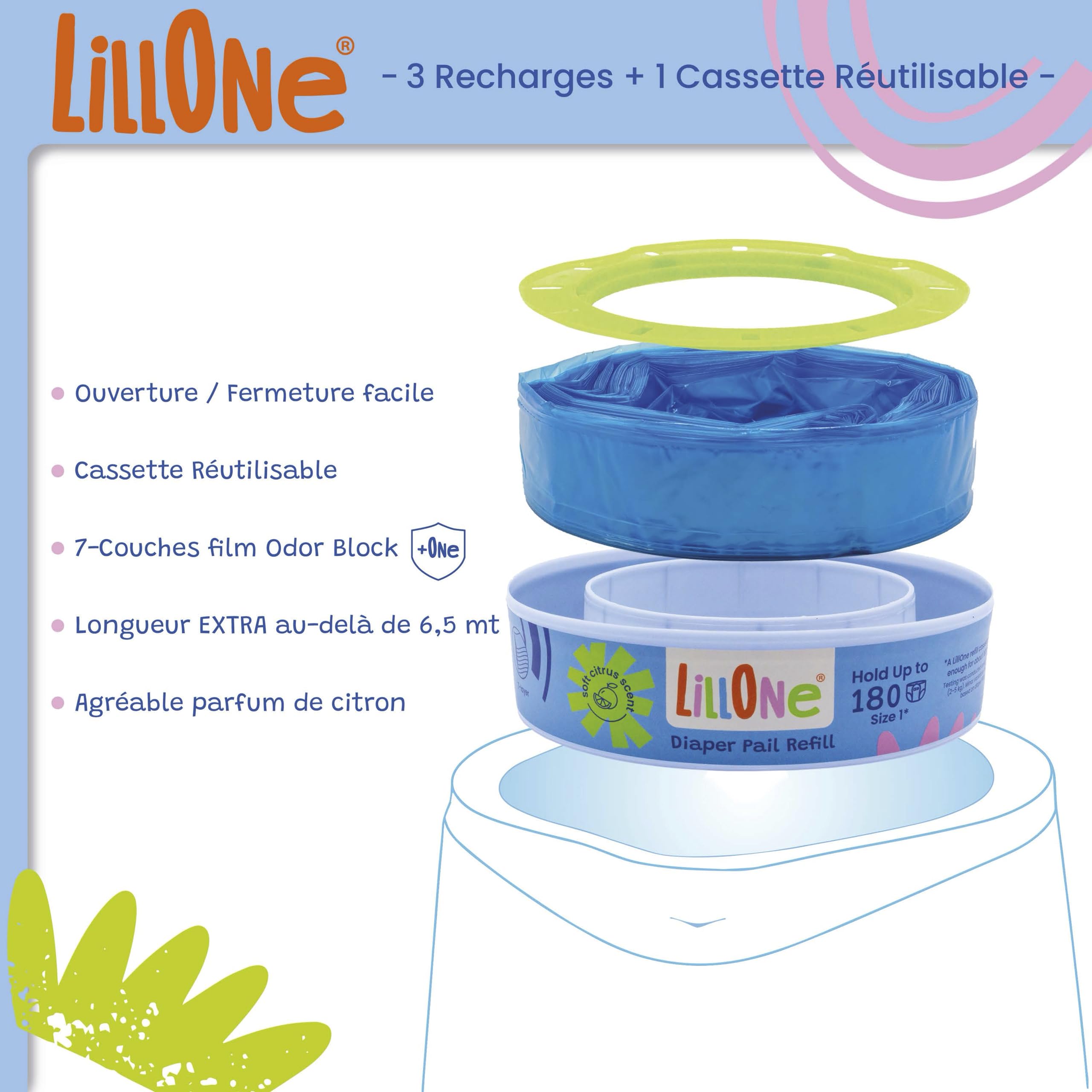 LillOne 3 Recharges et Sacs Poubelle Réutilisables Compatible avec Angelcare Foppapedretti – Systèmes Poubelles à couches