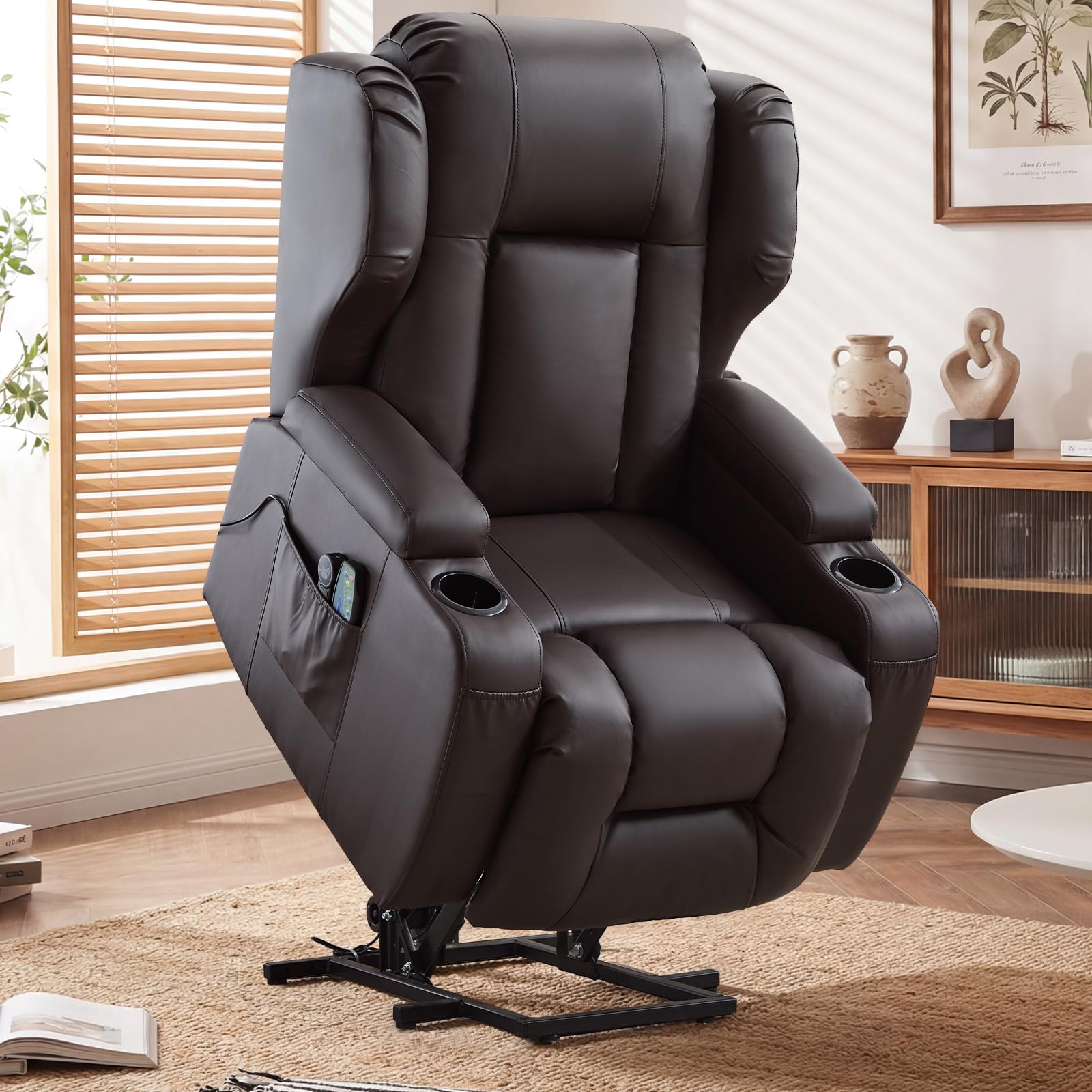 Elektrischer Sessel mit Aufstehhilfe Senioren, Elektrisch Verstellbarer Fernsehsessel mit Liegefunktion,Kinosessel mit USB & Getränkehalter,TV Sessel fürs Wohnzimmer (1, Braun)