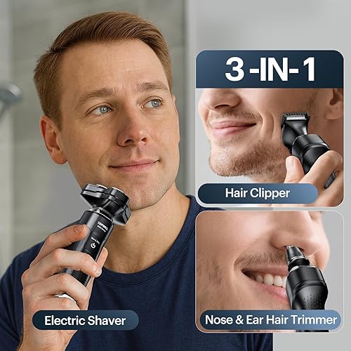 Miniatura 5 de Maquinilla de afeitar eléctrica impermeable para hombres, afeitadora giratoria inalámbrica de 3 cuchillas en húmedo y seco con cabezales flotantes,