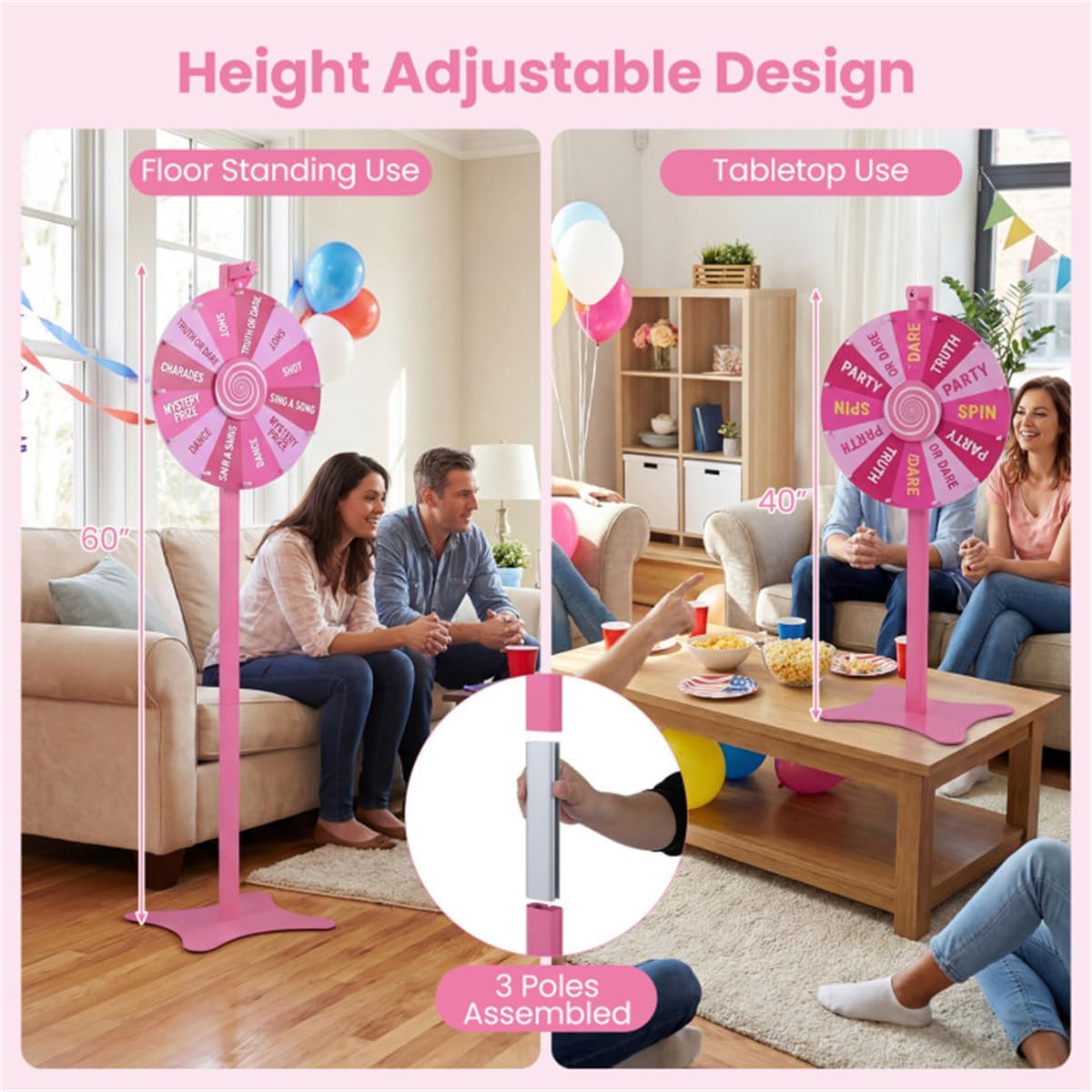 18 Inch Height Adjustable Prize Wheel, Smooth Spin, 2-in-1 Tabletop & Floor Standing Spinning Wheel, Write-and-Wipe, Stable Base for Game Carnival Party