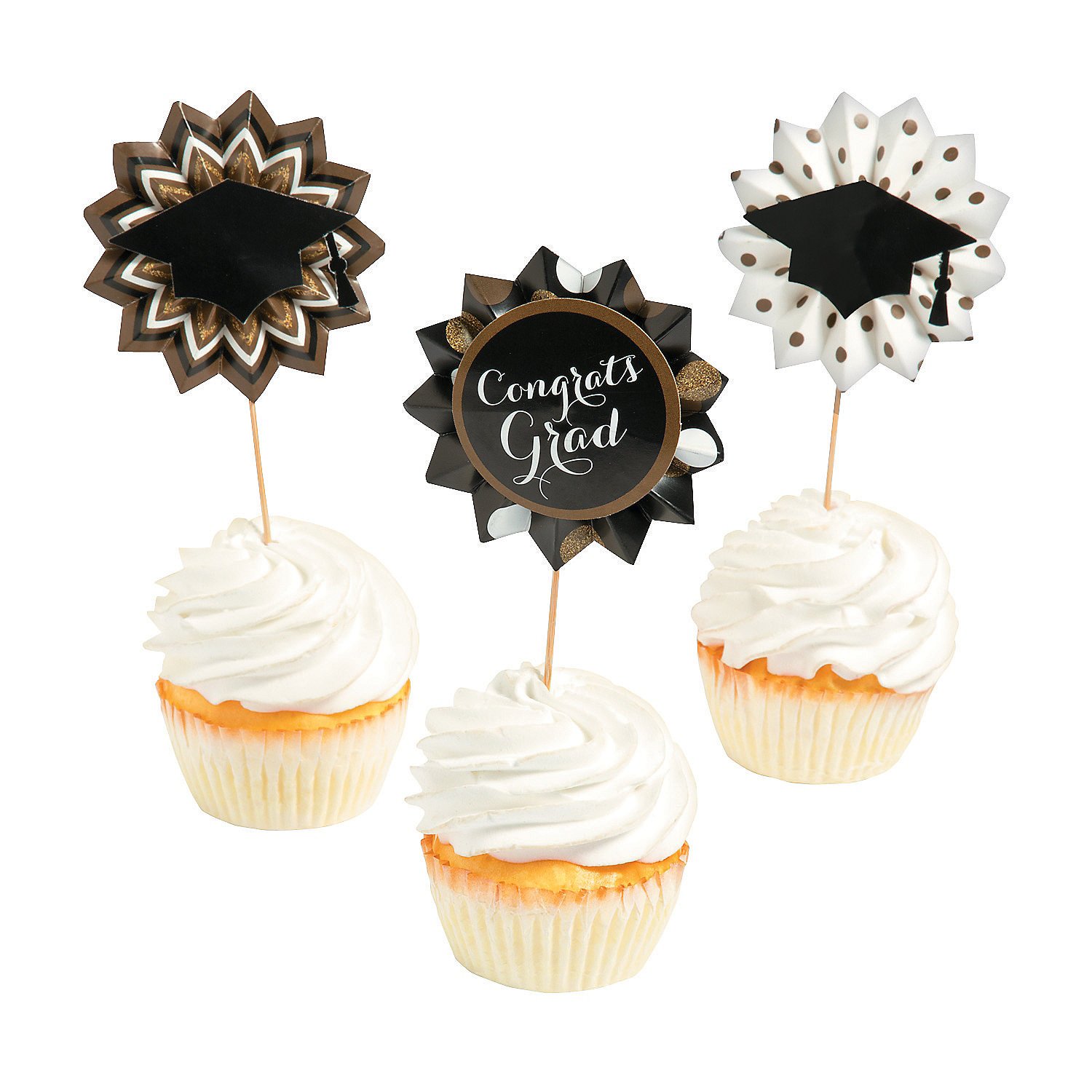 Graduation Fan Picks Black & Gold - To Add Decorating Flavor ~ 3 Assorted Designs