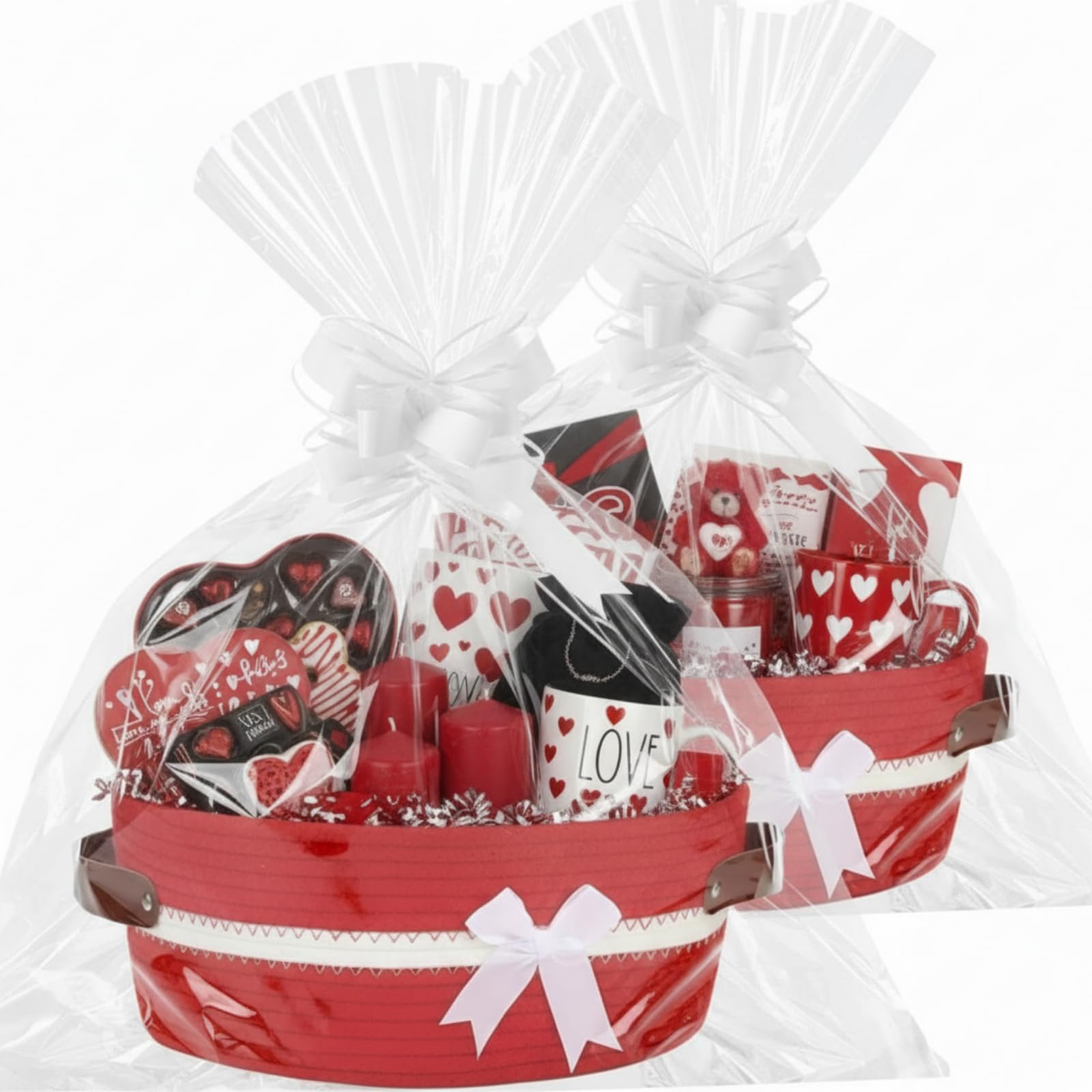 Colingmill 2 Pack Small Woven Basket with Gift Bags and Ribbons Empty Decorative Gift Chest Box 12"x 8"x 5" Cute Woven Rope Hamper Toy Storage with Handles for Baby Birthday Wedding(Red)-image-44