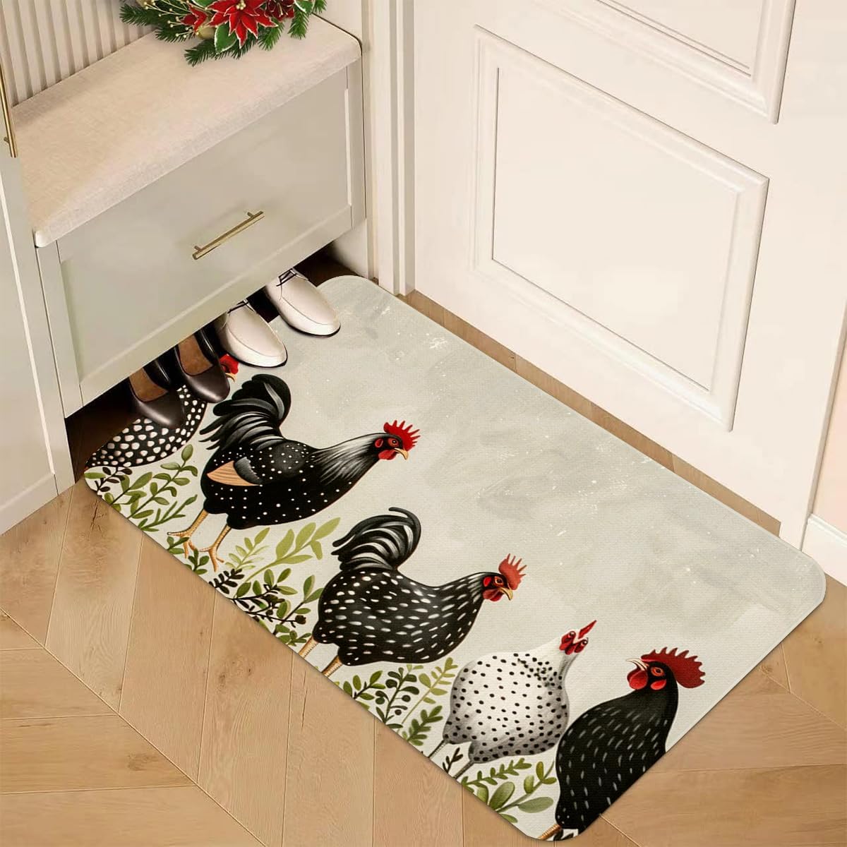 Farmhouse Kitchen Rug Set with Rubber Backing, Rooster Chicken Pattern, Non-Slip, Fade Resistant, 17x47 Inch, 2 Piece, Farmhouse Style