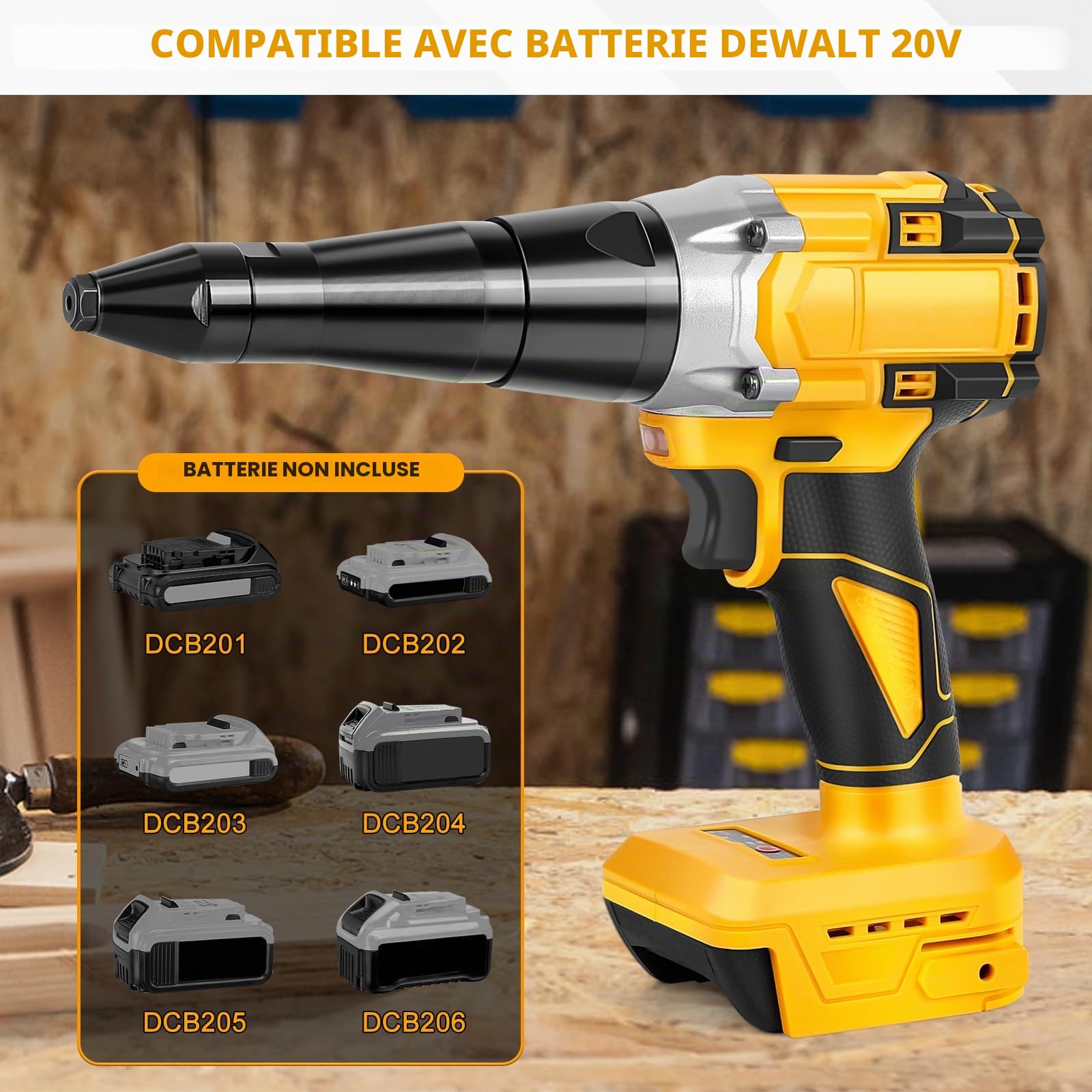 Pistolet à riveter sans fil pour Dewalt 20V (sans batterie) | Pince à riveter électrique, sans balais, LED, 3 adaptateurs, 60 rivets, clé, pour métal, plastique