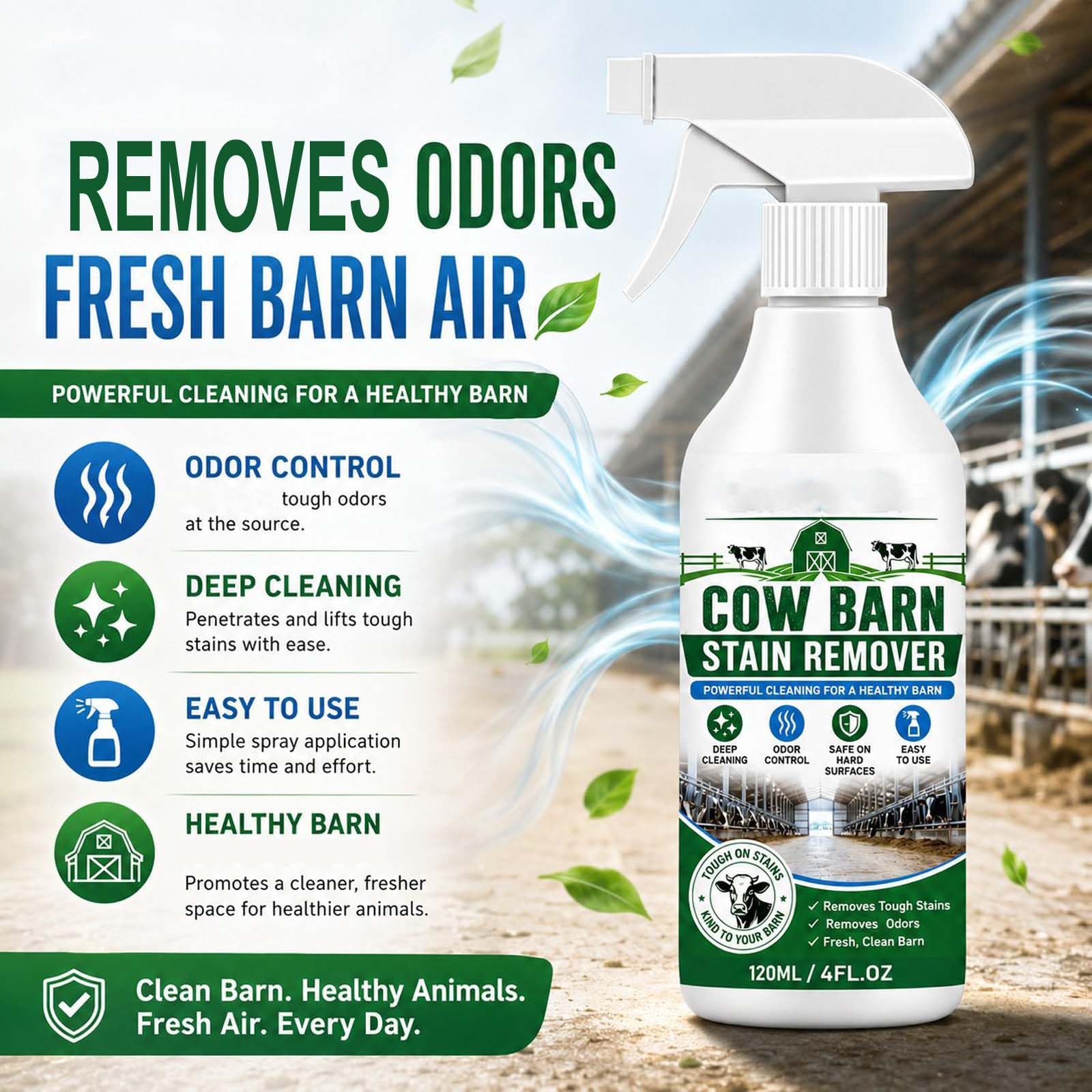 Starkes Cow Barn Stain Remover Spray, professionelles Multi-Surface Reinigungsspray, Cow Barn Fleckentferner mit Handtuch entfernt hartnäckige Mistgeruch und erfrischt den Duftreiniger (5pcs)