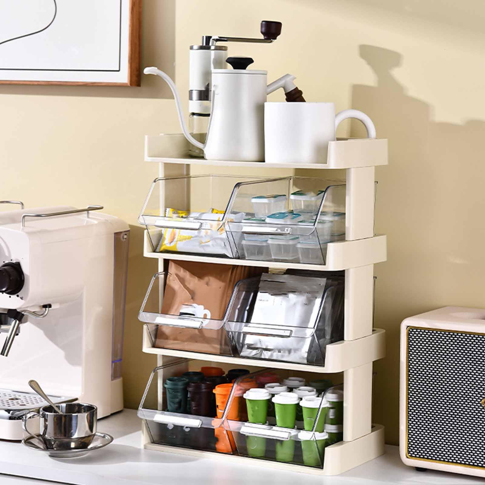 Teebeutel-Organizer, Desktop-Aufbewahrungsregal für Kaffeekapseln, mehrschichtiges Display, große Kapazität, durchsichtiges Paket, stapelbarer Trennständer für Büro, Café, Bar (4 Layer 30x17x42.5cm)
