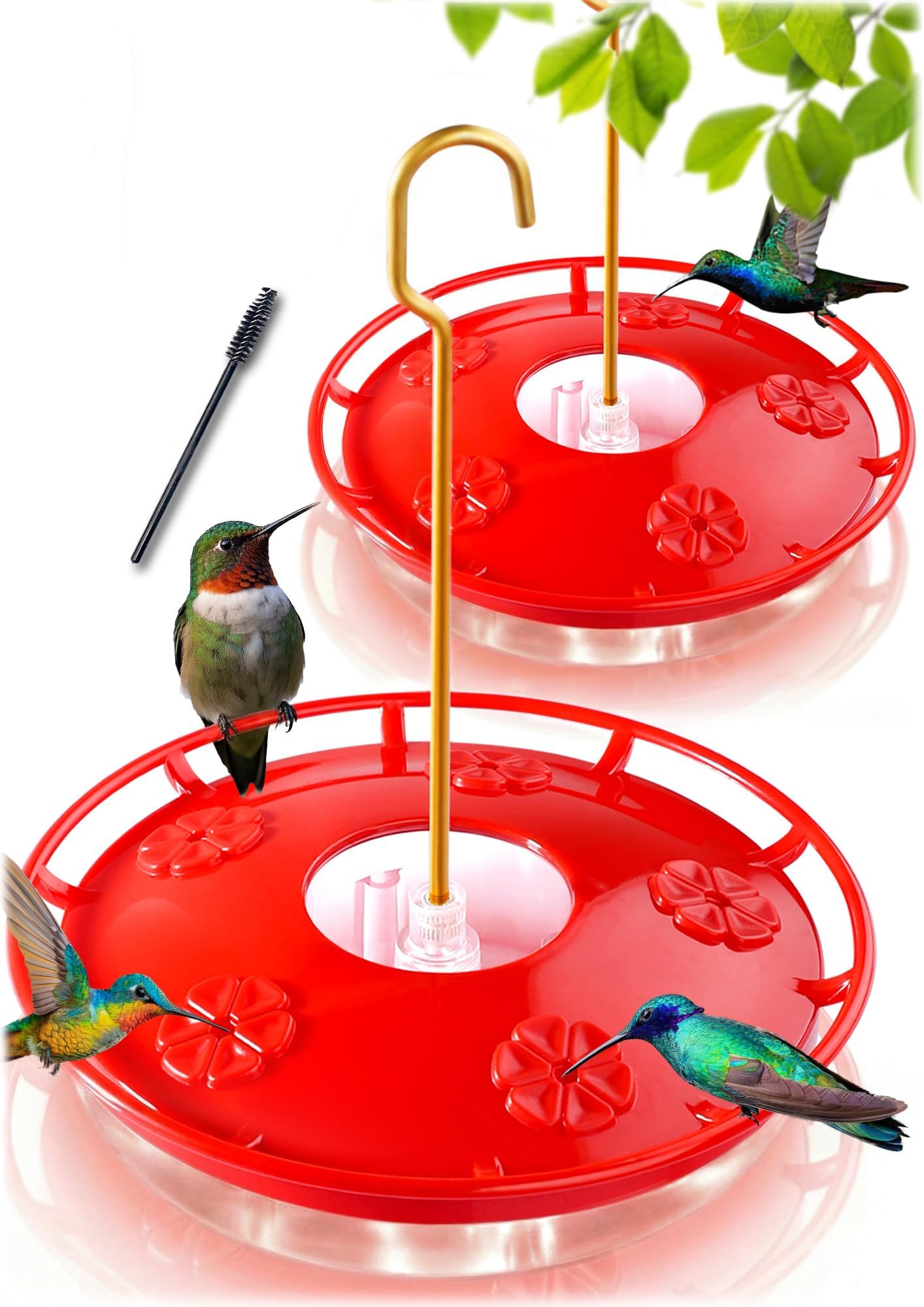 eWonLife 2 Pack Hummingbird Feeders for Outdoors, 16oz Leak-Proof Saucer Humming Bird Feeder with Integrated Ant Moat, Bee Proof Feeding Ports, Brush, Easy Clean & Refill, Hanging Garden Decor for Mom