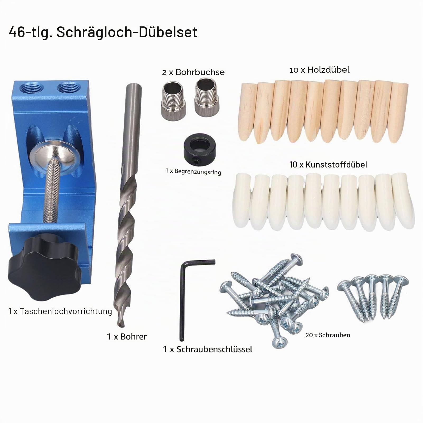 Schrägloch Stanzvorrichtung Set, 46Pcs Pocket Hole Jig Kit Holzarbeit Tasche Dübel Loch Jig + Bohrer + Dübel, Aluminiumlegierung Schrägloch Führungen Gelenk Winkel Werkzeug