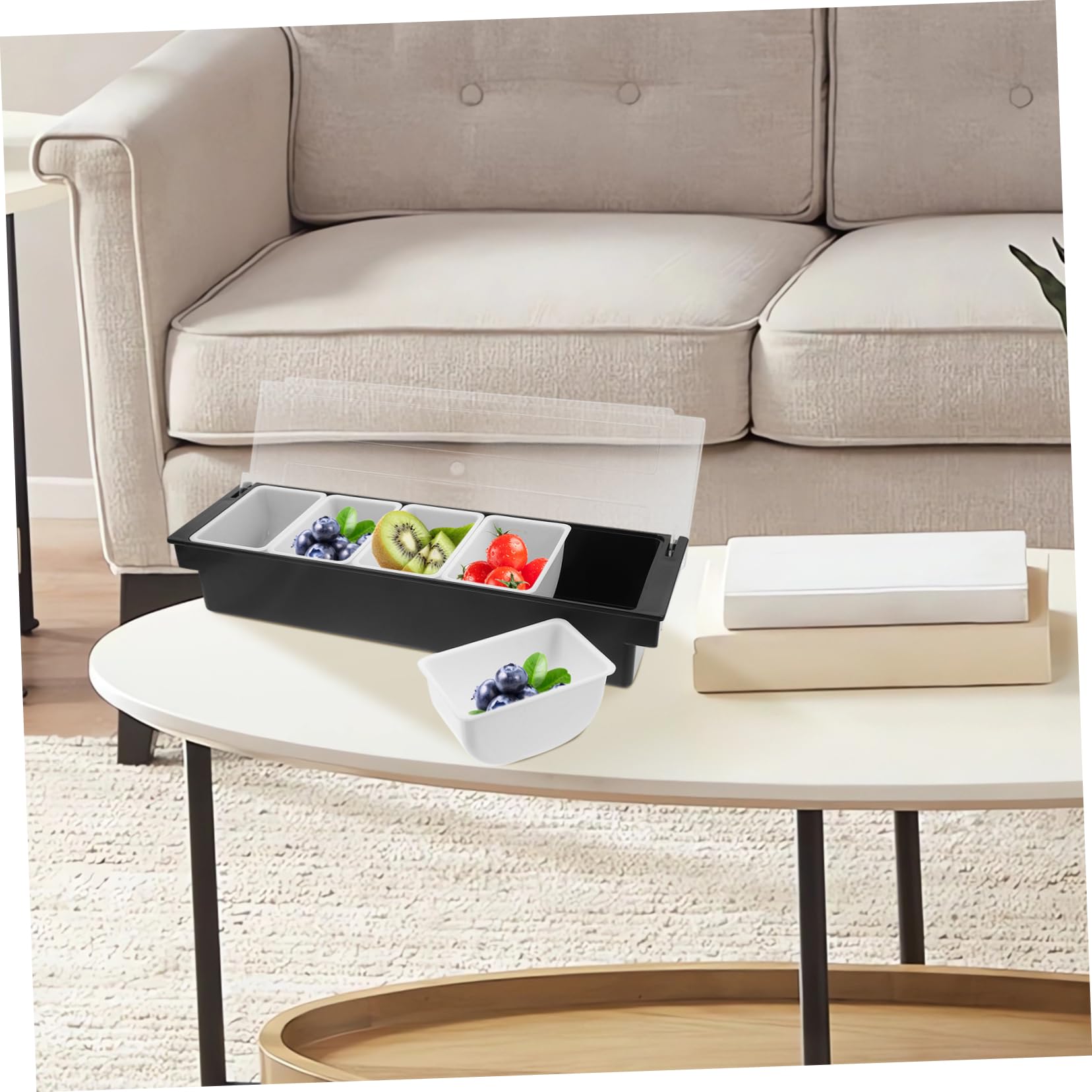 Mikikit Boîte Compartimentée 5 Cases en Plastique Robuste avec Couvercle Hermétique, Récipient Alimentaire Polyvalent pour Condiments et Fruits Secs, pour Bar et Service en Restauration