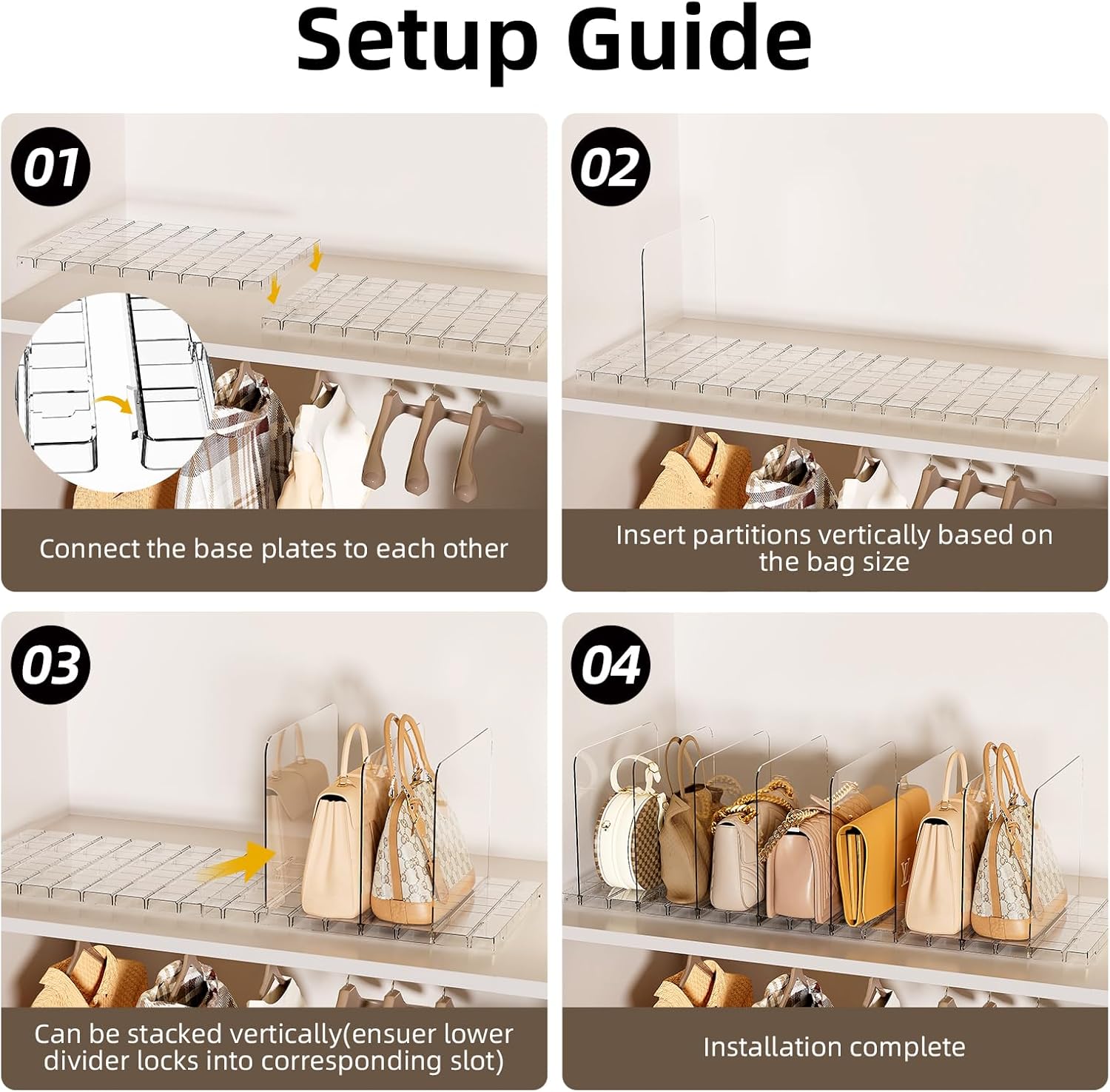 Bag & Purse Organizer for Closet Shelf Stackable Acrylic Shelf Dividers for Closet Organization, Clear Handbag Purse Storage Organizer Divider, Keep Clutch, Wallet, Pocketbook Upright, 4 Pack - Image 7