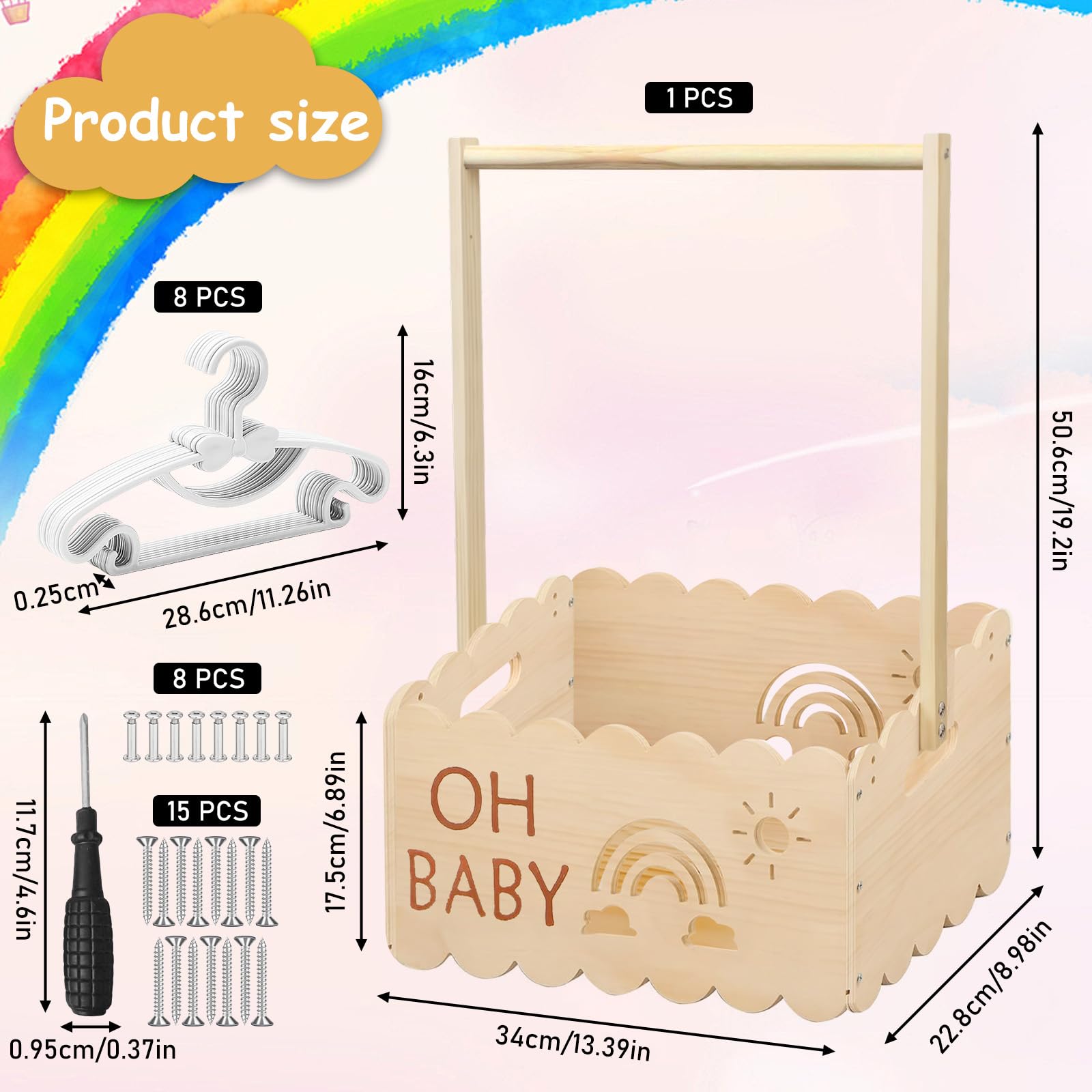 Panier Cadeau en Bois pour Bébé, 34x23x51cm Panier Cadeau pour Bébé avec Poignée, Coffre en Bois pour Fête Prénatale avec Poignée et 8 Cintres, Armoire pour Anniversaires, Fêtes Prénatales, Noël