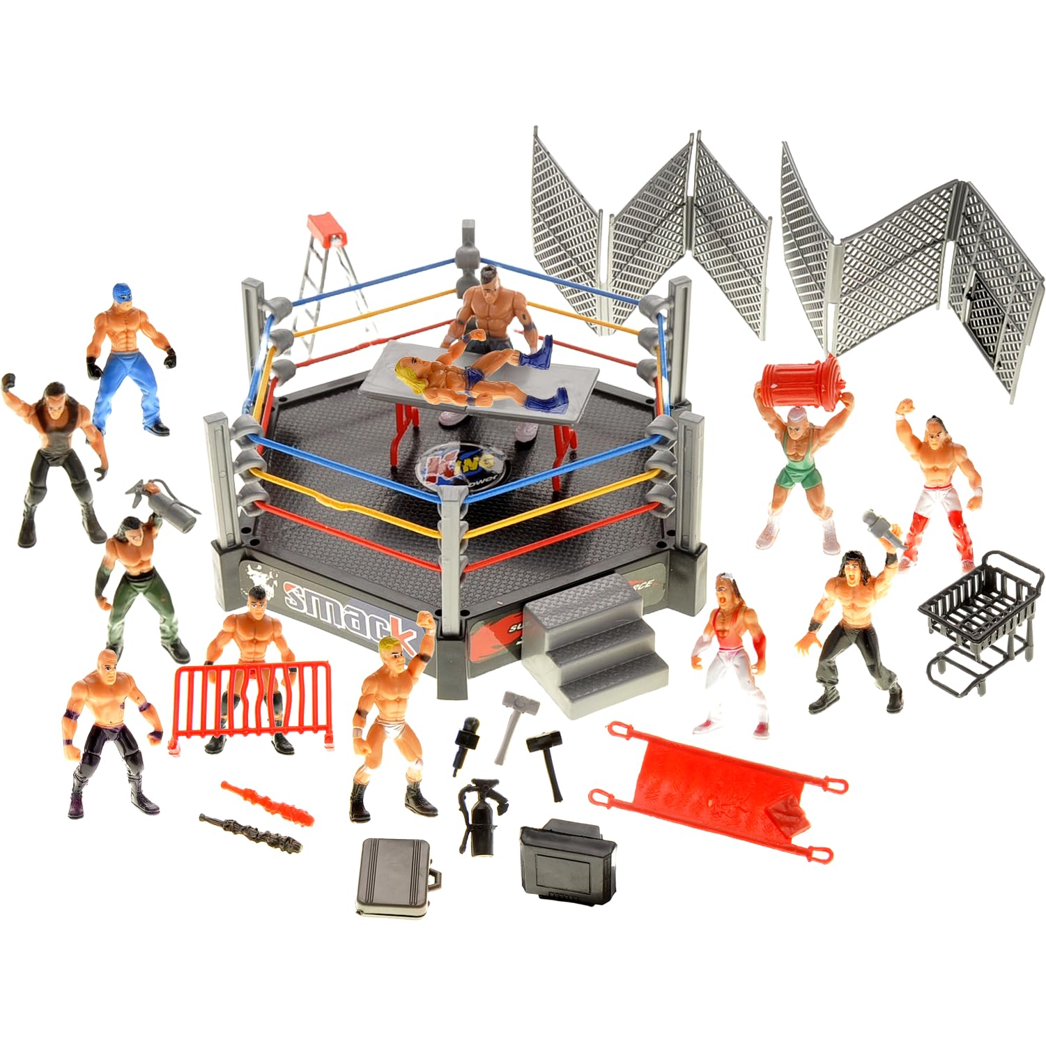 PowerTRC 32 Pcs Wrestling Toys for Kids, Wrestler Play Set with 2 Wrestle Rings Style, 12 Super Wrestlers, Many Realistic Accessories, Toy Figures