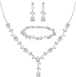 Paxuan Bridal Cubic Zirconia Jewelry Sets for Women Party Elegant Sparkly Teardrop CZ Crystal Leaf Necklace Earrings Bracelet Prom Jewelry Set for Bride Bridesmaids