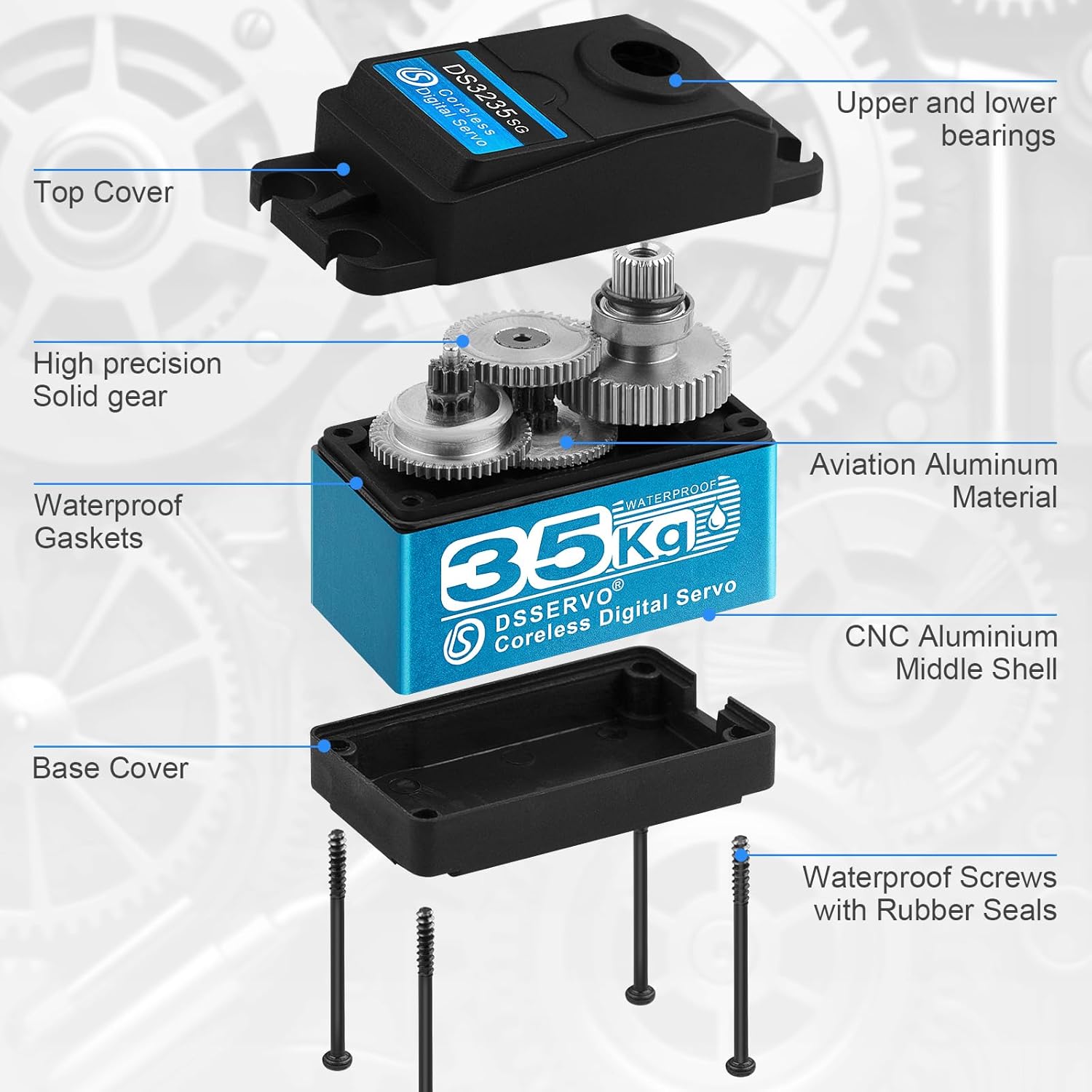35KG High Torque RC Servo Digital Servo Waterproof Full Metal Gear Steering Servo with 25T Servo Horn Compatible with 1/8, 1/10, 1/12 RC Car Crawler Robot Control Angle 180°