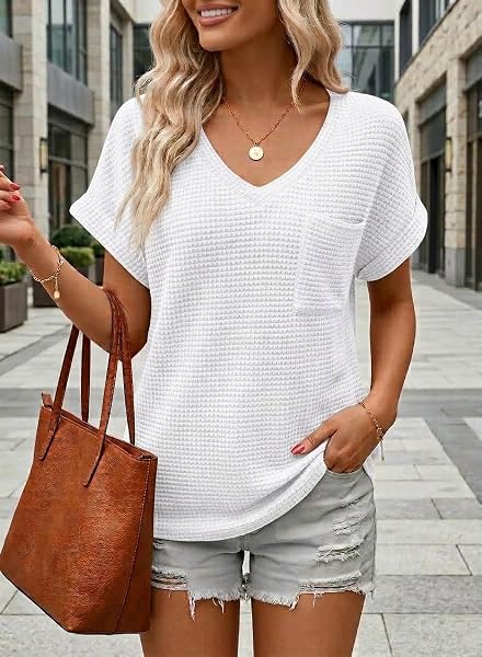 Chicrise Tshirt Damen Kurzarm Waffelmuster Top V Ausschnitt Basic Taschen Oversize Tunika Leicht Casual - 4