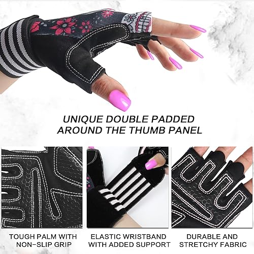 Miniatura 2 de Guantes de levantamiento de pesas para mujer, entrenamiento de gimnasio con soporte de muñeca, guantes acolchados de medio dedo para ejercicio de
