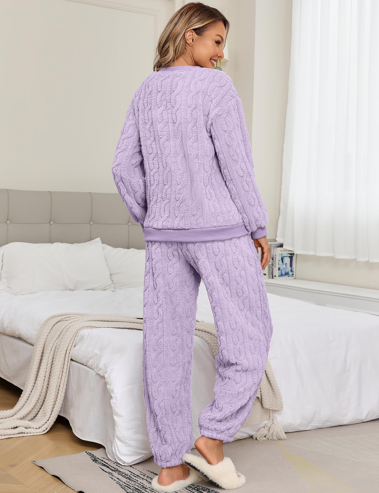 Pigiama Donna Invernale in Pile Caldo Felpato Due Pezzi Set | Pigiami Termico Due Pezzi con Maglia Manica Lunga e Pantaloni, Completo da Casa Ampia Sleepwear Loungewear con Tasche, S-XXL