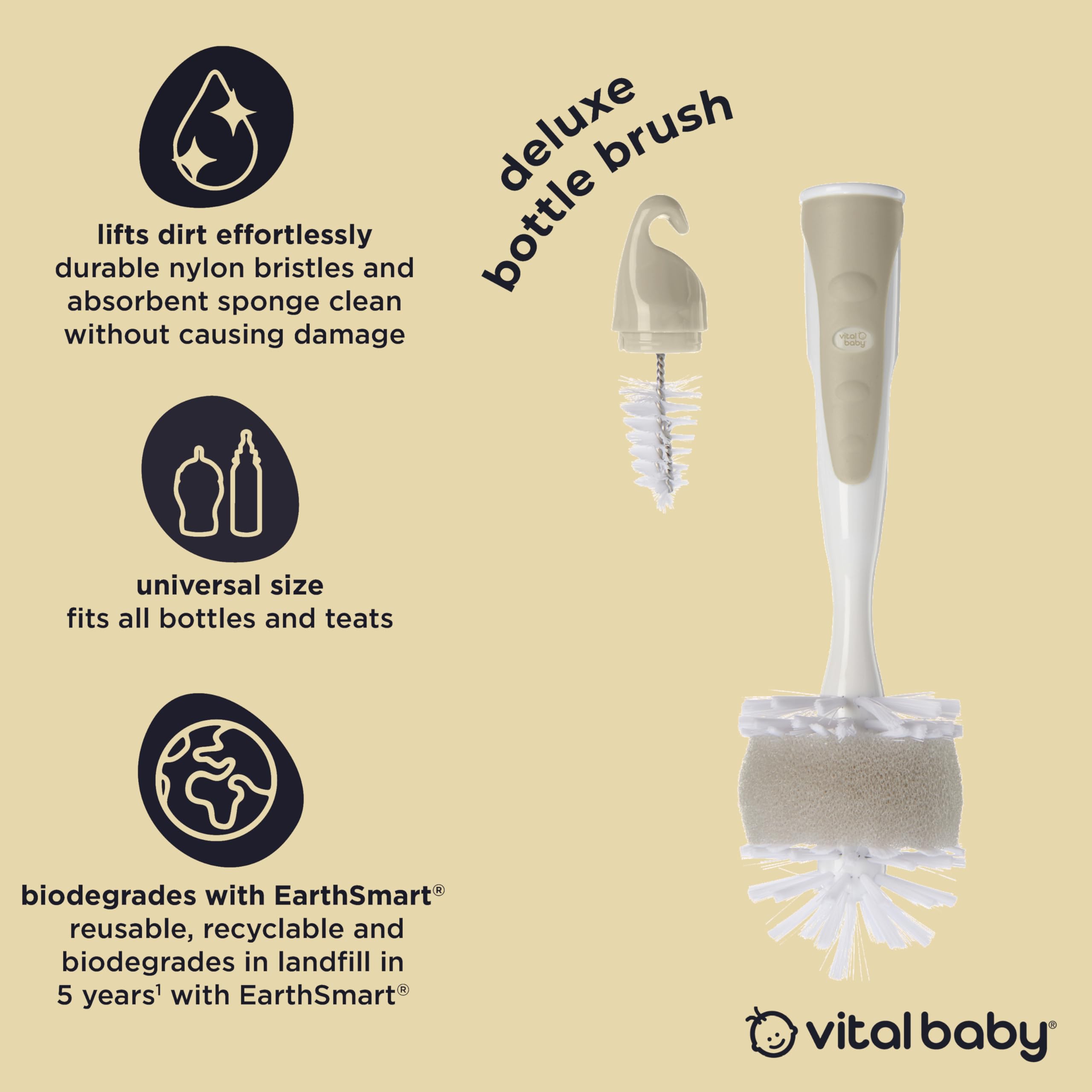 Vital Baby Nurture Deluxe Bottle Brush, 2-in-1 Bottle & Teat Cleaning, Non-Slip Handle, Non-Scratch Bristles - Image 3