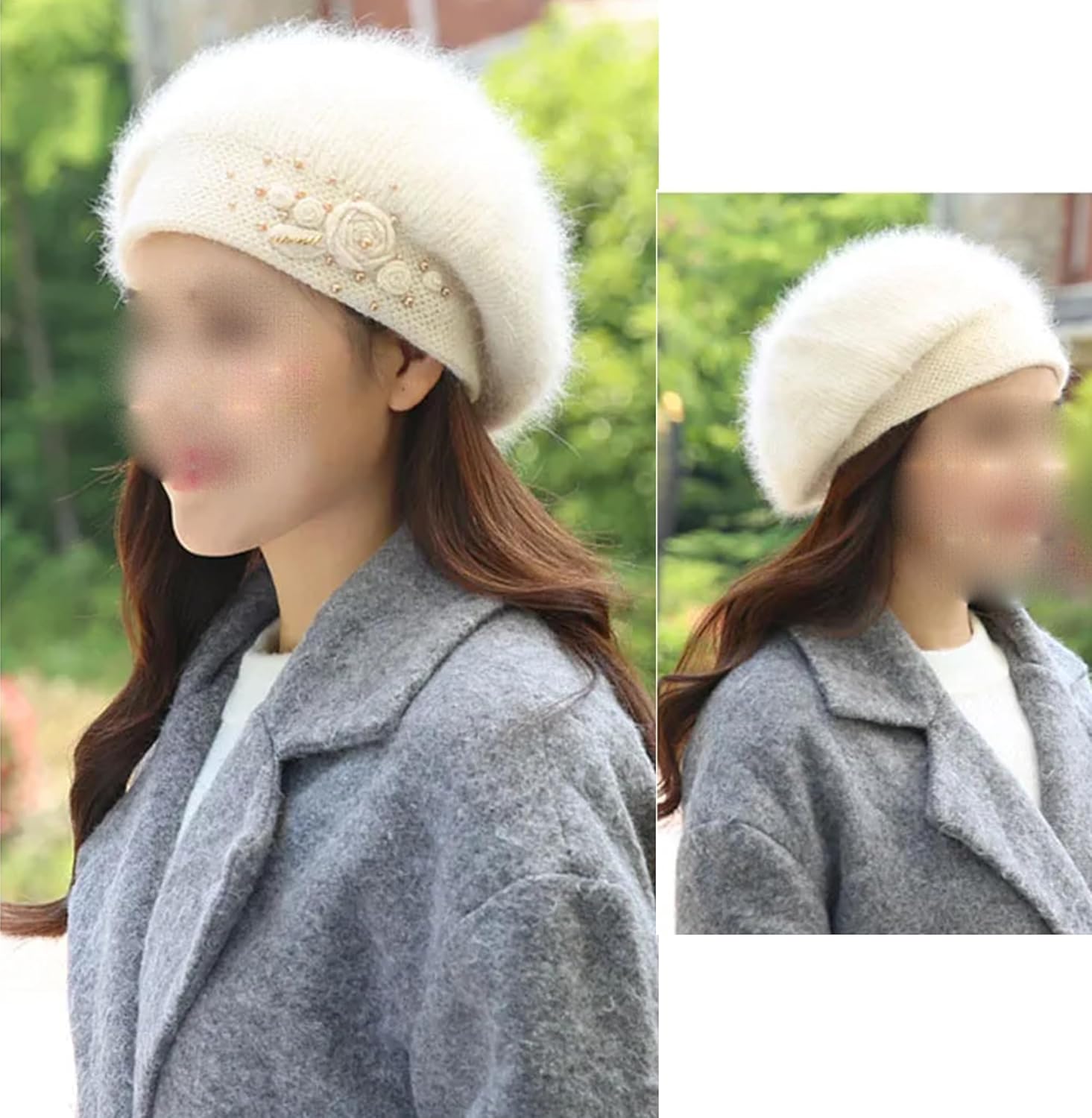 Women's Thick Warm Double-Layered Beret Caps with Flowers Winter Casual Slouchy Beanies Hat Knitted Cold Weather Hat