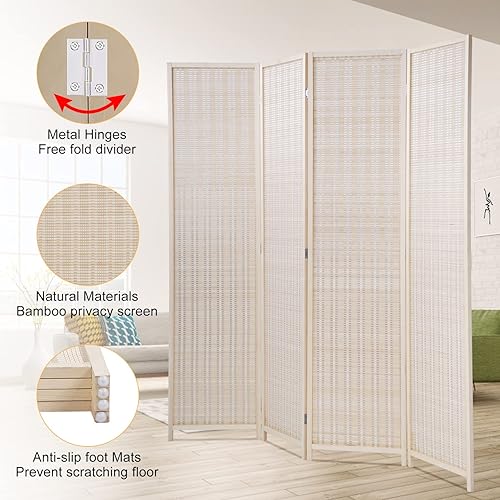 Miniatura 4 de Divisor de habitación de bambú de 6 pies, pantalla de privacidad plegable, 4 paneles plegables, divisor de pared independiente, divisores de