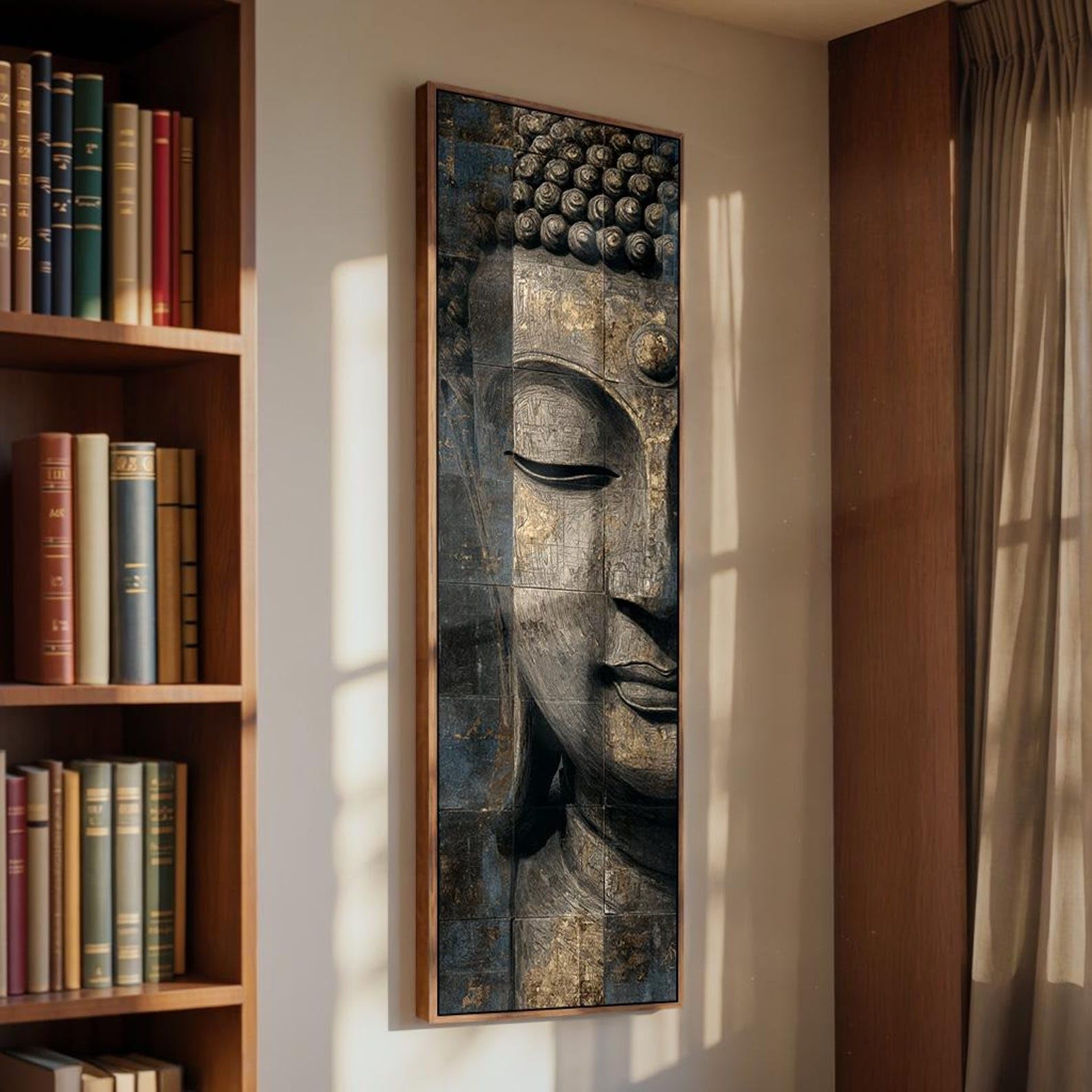 XBTYKPB Lienzo impreso de Buda oscuro, decoración minimalista vertical, obra de arte espiritual, cuadro de pared en lienzo para sala de yoga alta y estrecha (60x180cm/marco interior)