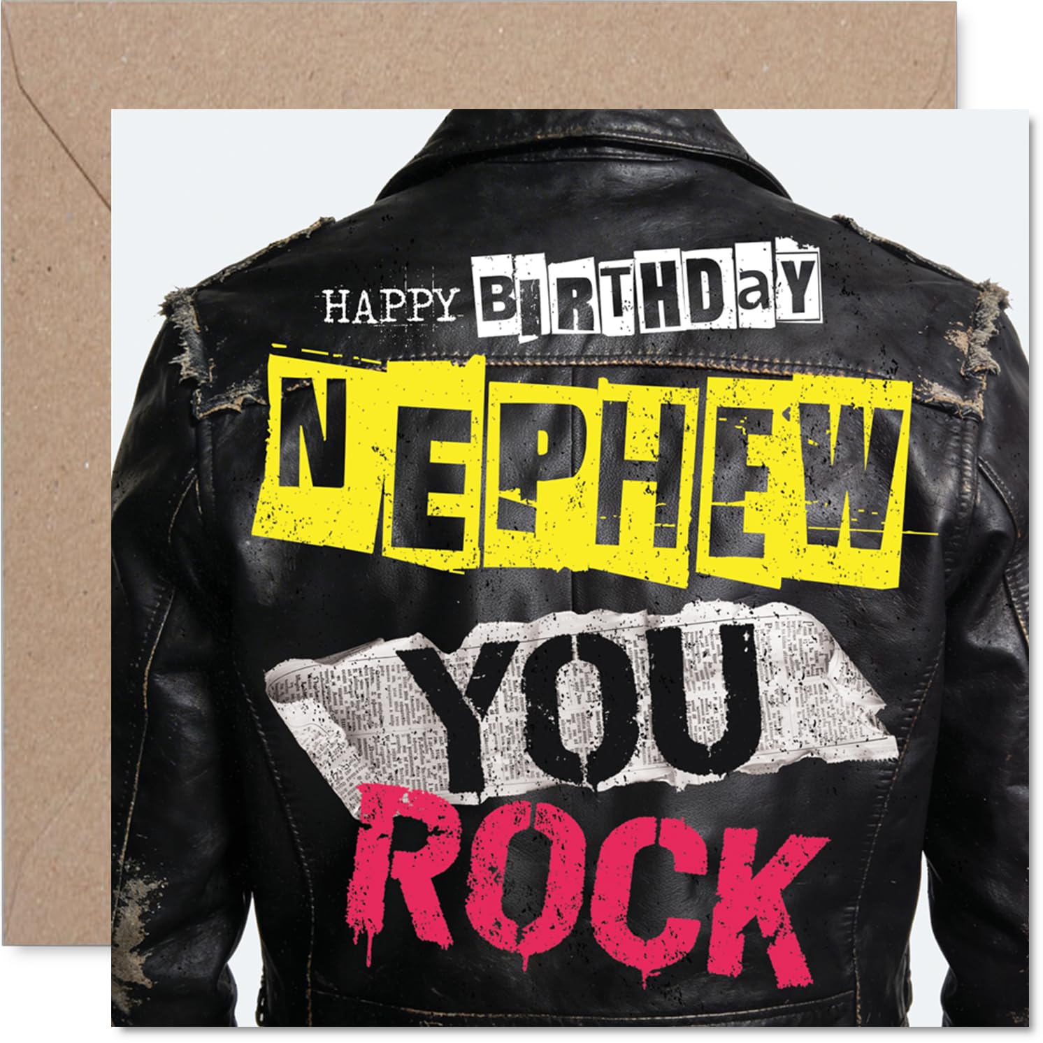 Playful Birthday Card for Nephew - Edgy Rock Vibes - Bold Leather Jacket Design with Vibrant Colours - Perfect for Celebrating a Cool Nephew - 145mm Square, Envelope Included