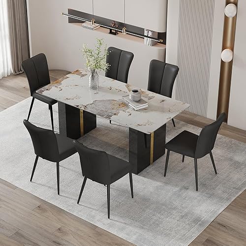 Miniatura 20 de Juego de mesa de comedor moderno de 71 pulgadas para 6, juegos de comedor para 6, mesa de mármol sintético de cocina y sillas de piel sintética,