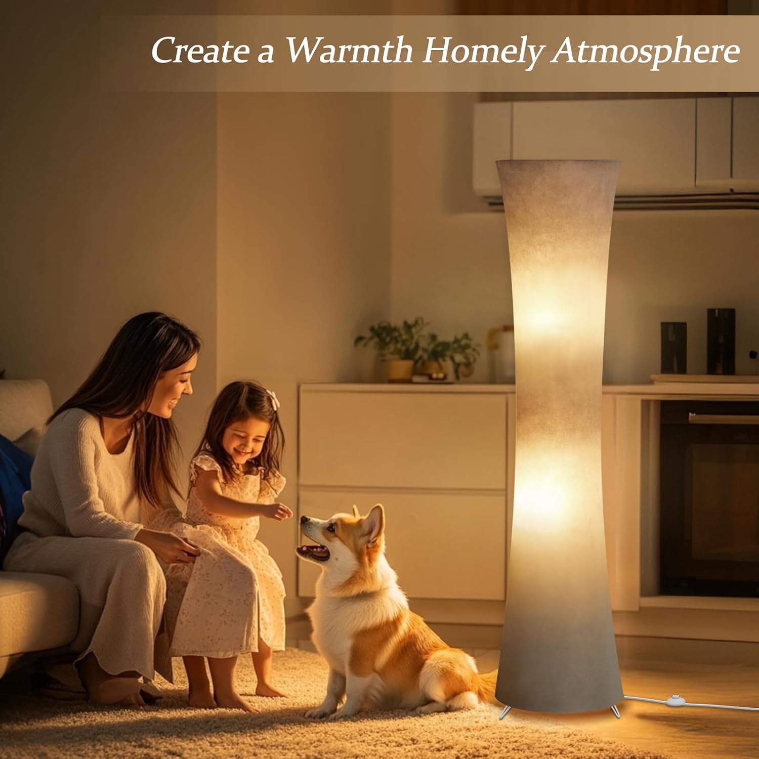 GyroVu 46" Modern Floor Lamps for Living Room, LED Column Standing Floor Lamp with Color Temperature Adjustable & Gray Fabric Lampshade for Corner, Bedroom, Office & Kid's Room - Bulbs Included