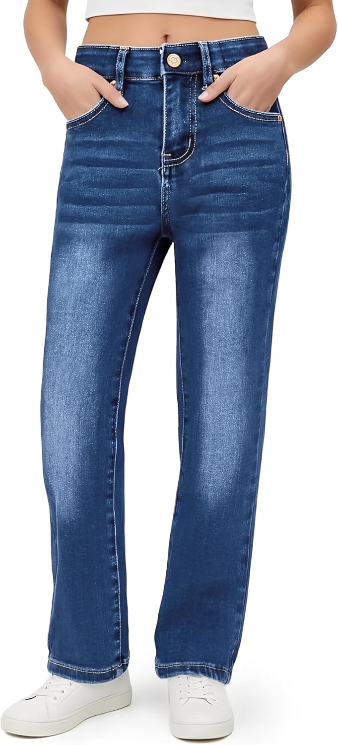 PATPAT Girls Bootcut Jeans 4-14Y, Elastic Waist Jeans with Pockets Straight Leg Pants
