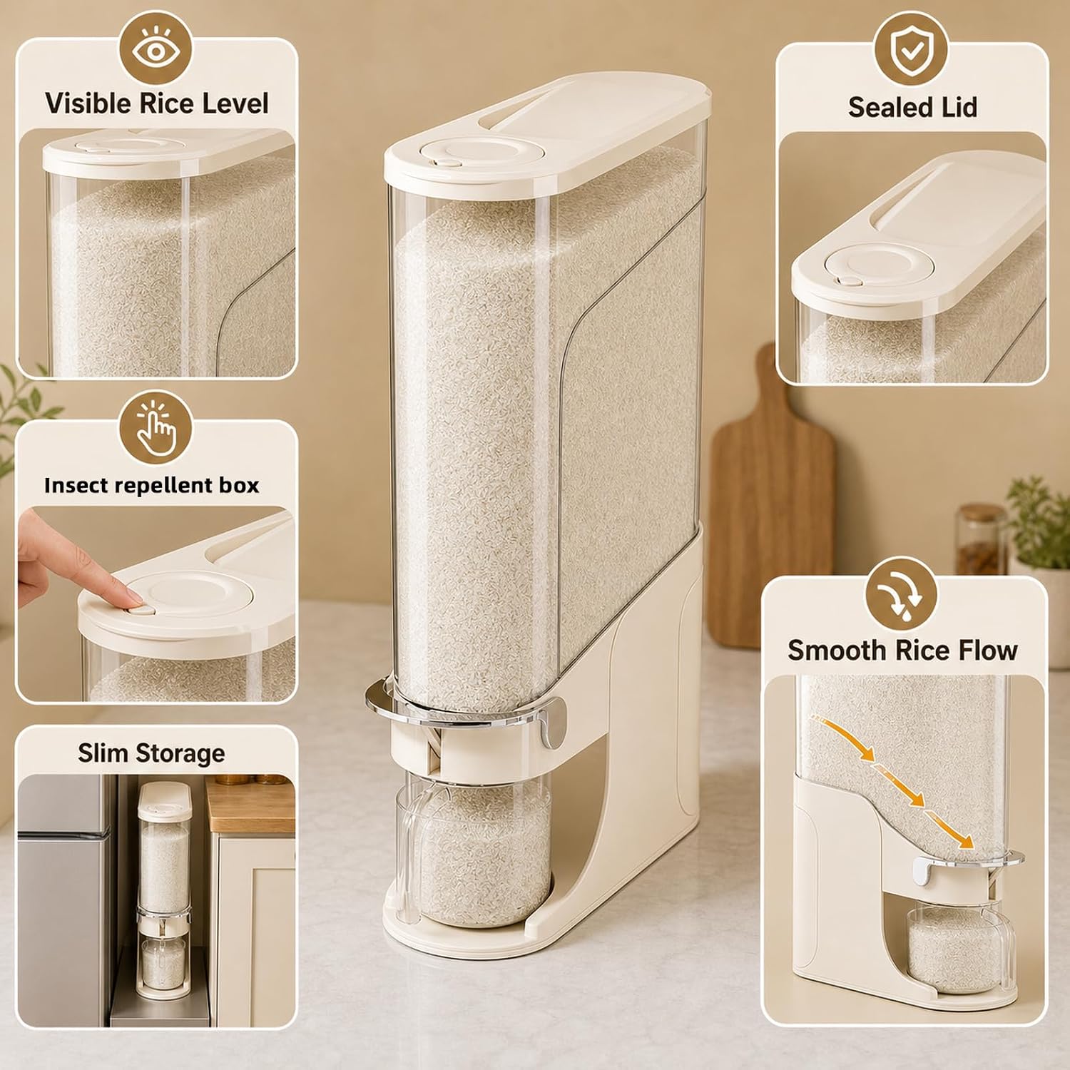 Rice Dispenser 22 Lb, Slim Rice Storage Container with Double Sealing Strip, Press to Dispense Cereal Container Airtight for Kitchen Pantry Organization, (Creamy Yellow-22lb)