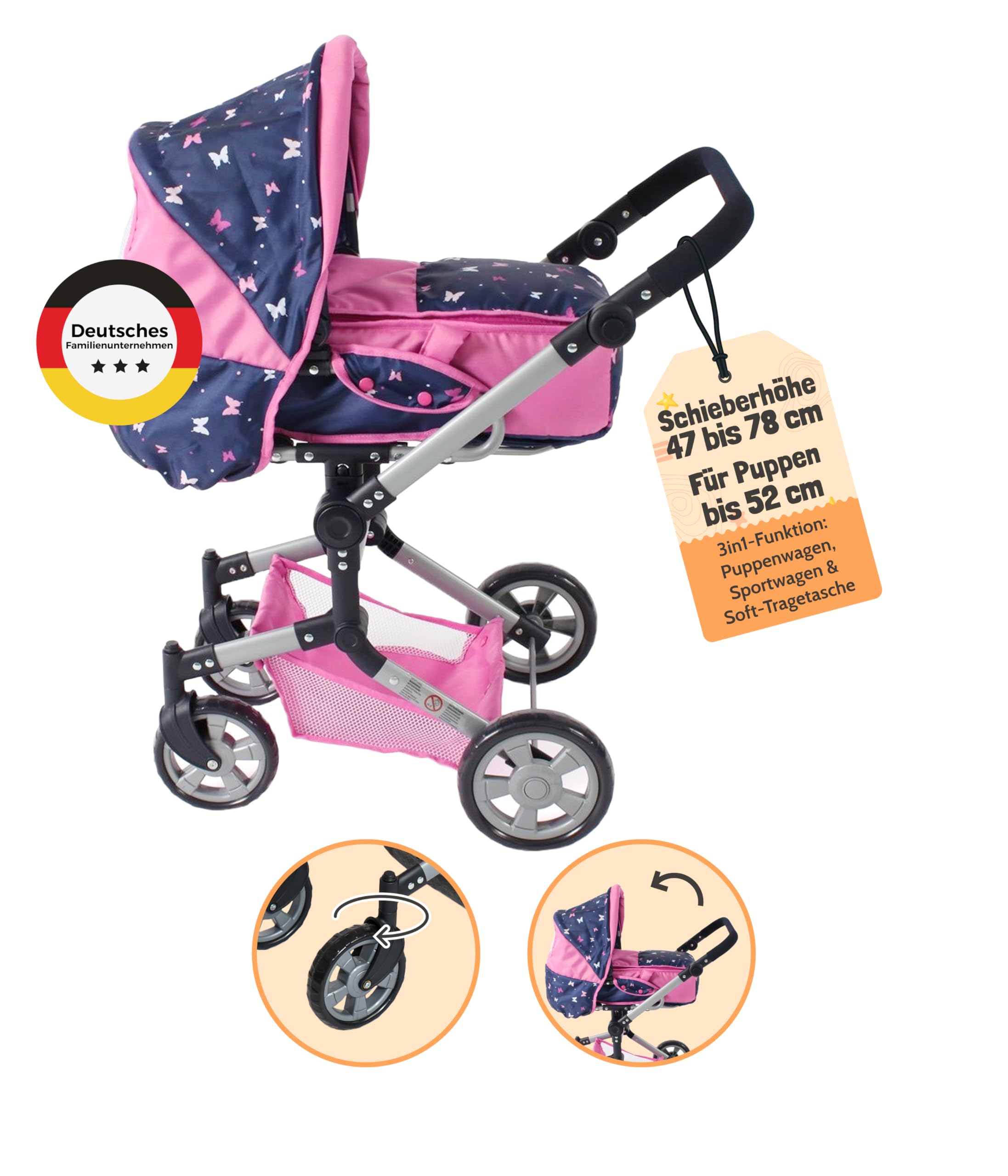 Bayer Chic 2000® Passeggino combinato 3 in 1 Jara Butterfly Navy Pink – pieghevole, manico regolabile in altezza 47 – 78 cm, borsa per il trasporto – Bambole fino a 52 cm, 4 – 8 J