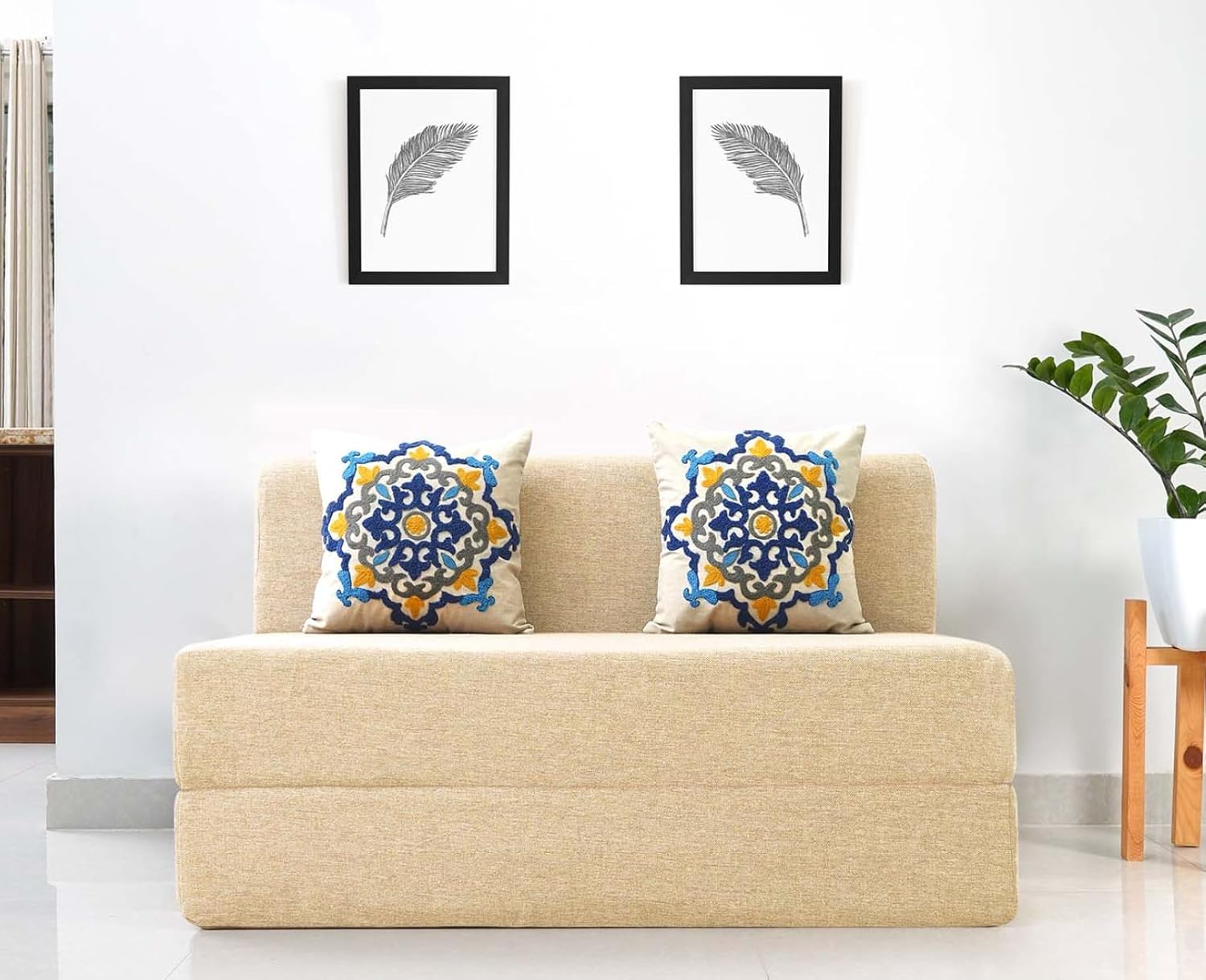 uberlyfe 2 Seater Sofa Cum Bed | Jute Fabric Washable Cover | 2 Cushions Blue Medallion Pattern | Beige | 4′ X 6′ Feet uberlyfe 2 Seater Sofa Cum Bed | Jute Fabric Washable Cover | 2 Cushions Blue Medallion Pattern | Beige | 4′ X 6′ Feet