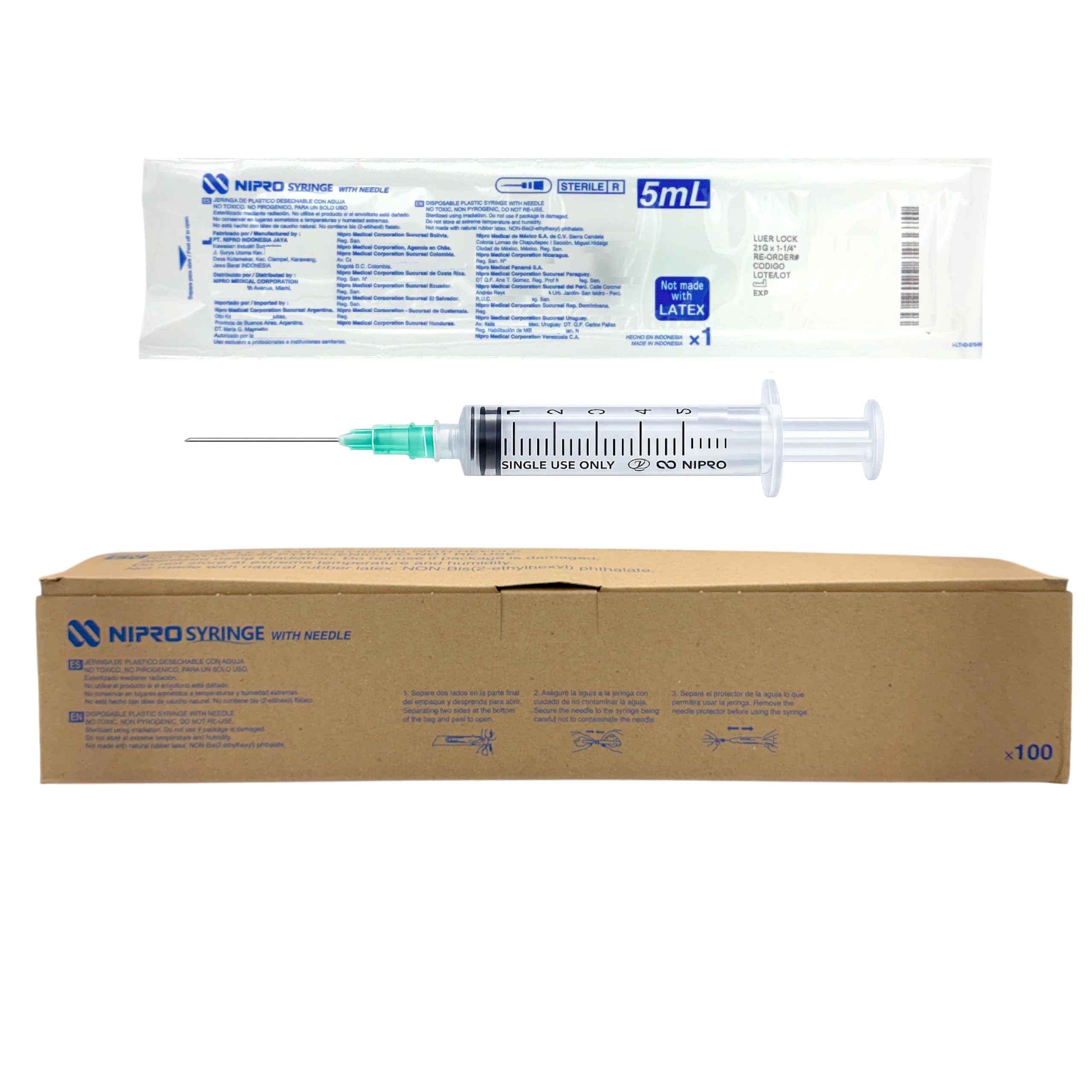 Nipro jeringa desechable 5 ml con aguja 21 g x 32mm (1/4") verde acero inoxidable ultra delgada, caja con 100 piezas, producto de alta calidad no tóxico, no pirogénico tecnología ultra-thin wall.