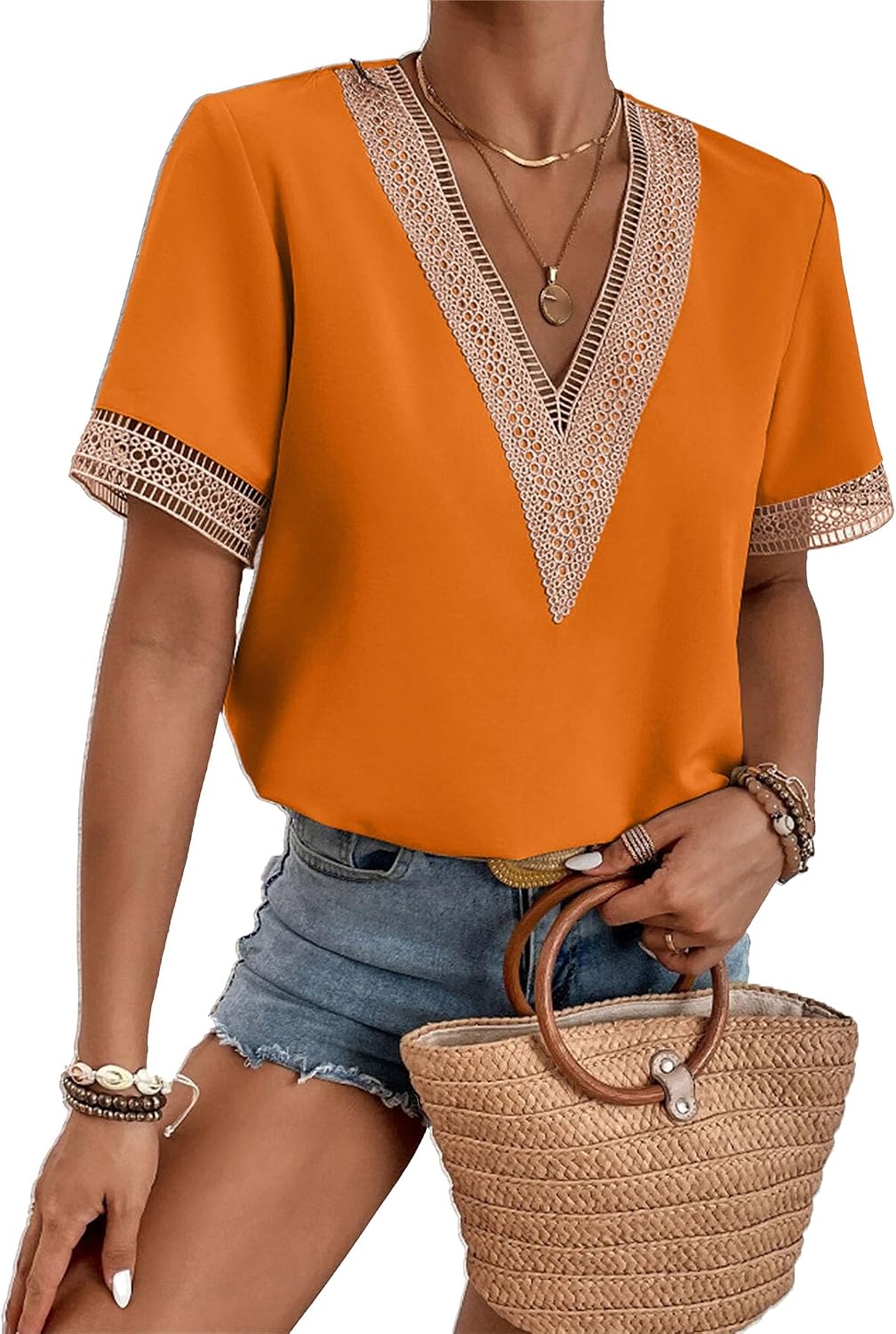 Womens Sexy Lace Trim V Neck Blouses Short Sleeve Pullover Tops Fashion Stretch Sleeveless Tops Dressy Casual Shirts
