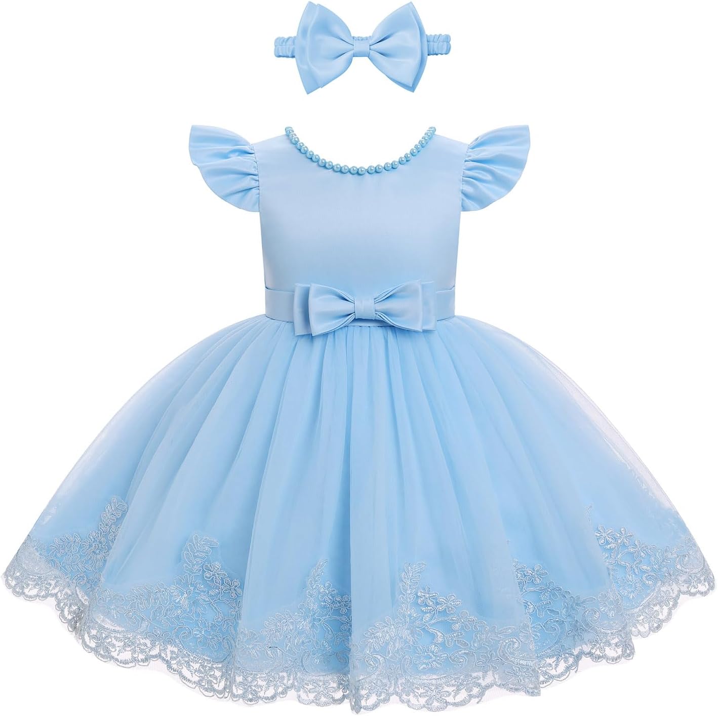 IBTOM CASTLE Toddler Baby Flower Girl Dress Pearl Lace Tulle Tutu Dress Headband Birthday Party Wedding Formal Pageant Gown