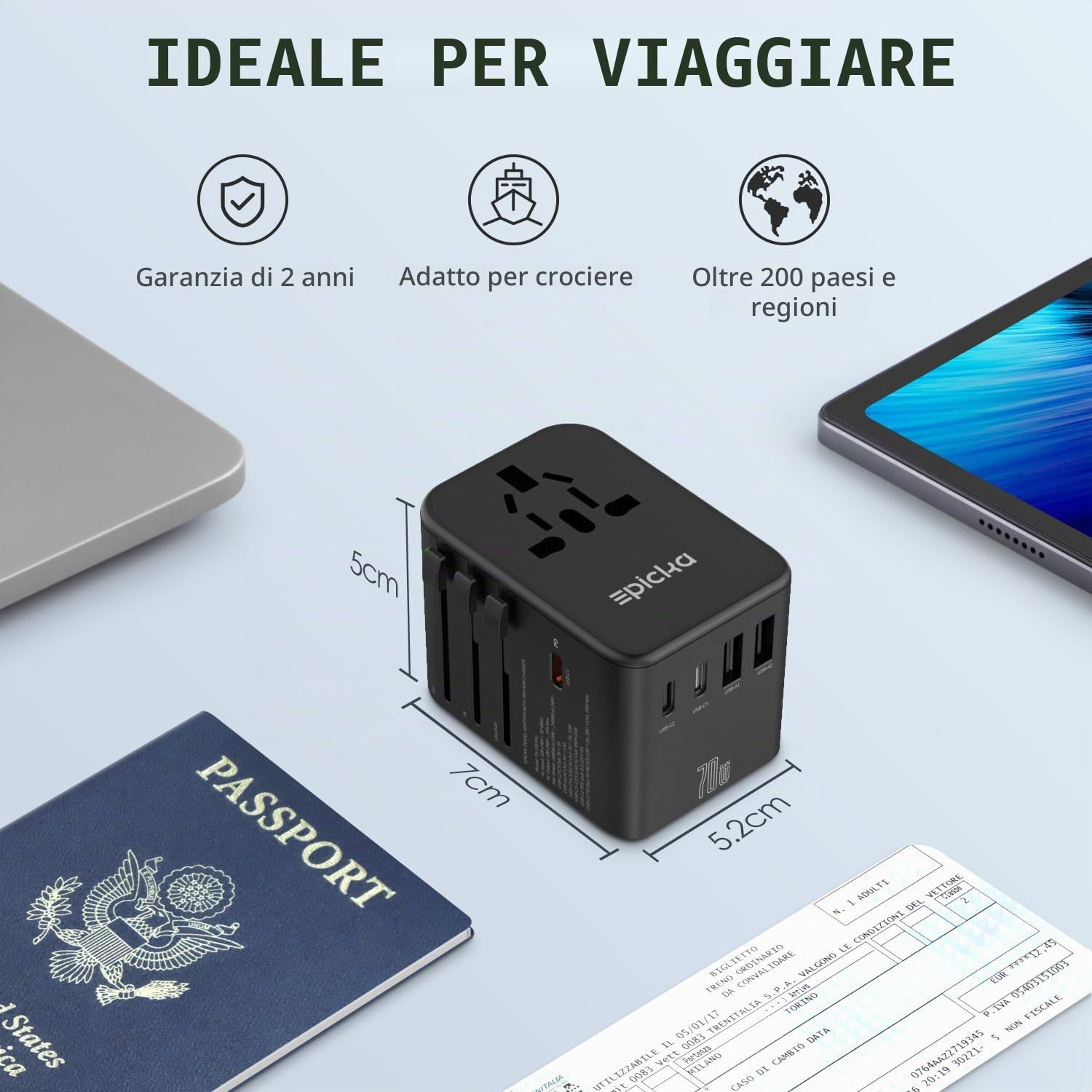 EPICKA GaN Adattatore Universale da Viaggio, PD 70W Adattatore da Viaggio con 3 USB-C, 2 USB-A, Adattatore Presa Internazionale per Giappone, America, Thailandia, Australia, UK DE,Nero