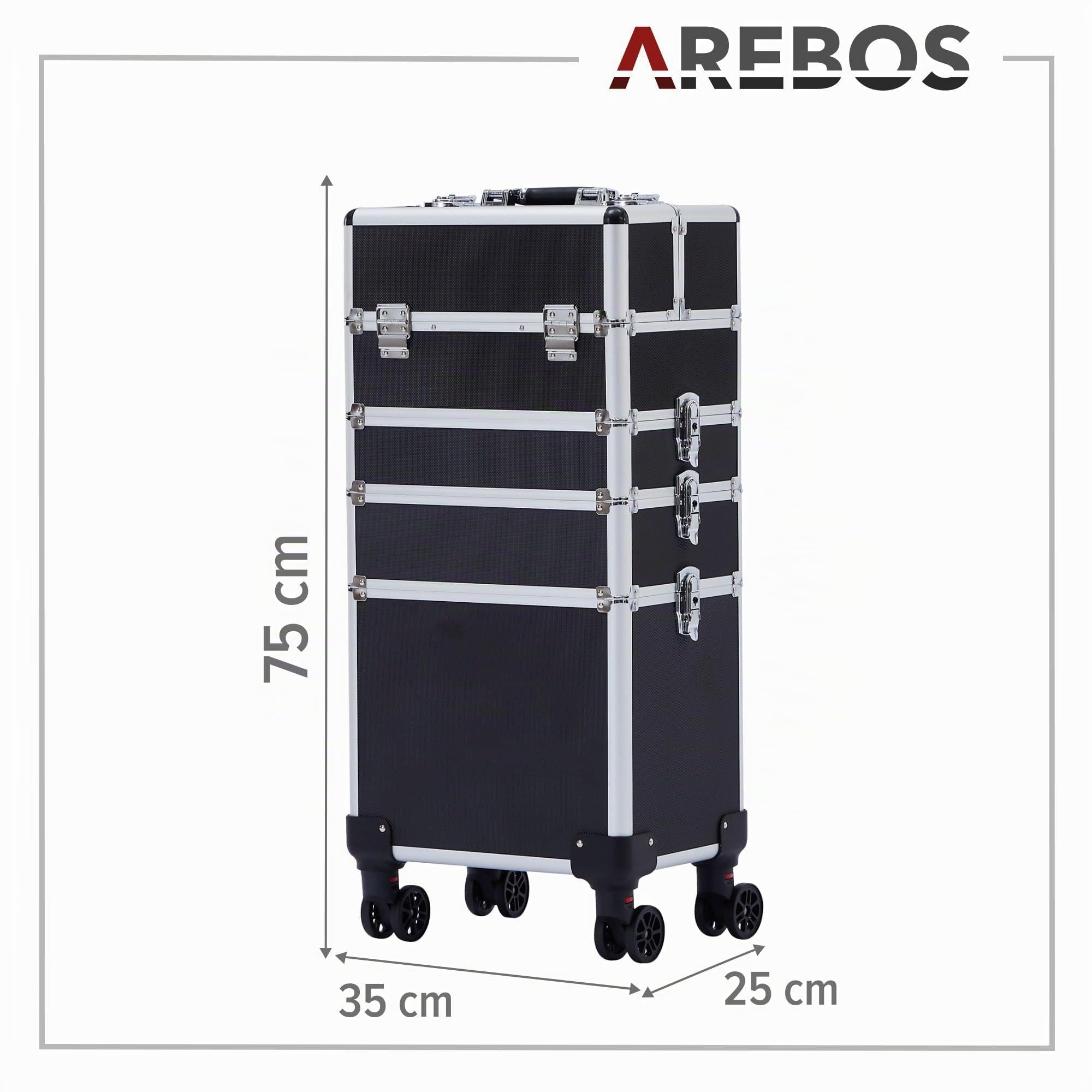 Arebos 4 en 1 Maletín Cosméticos | Maleta para Maquillaje Profesional | Maletin Maquillaje| 4 Compartimentos y 1 cajón | con Cierre | Forro de Terciopelo | Trolley | Negro