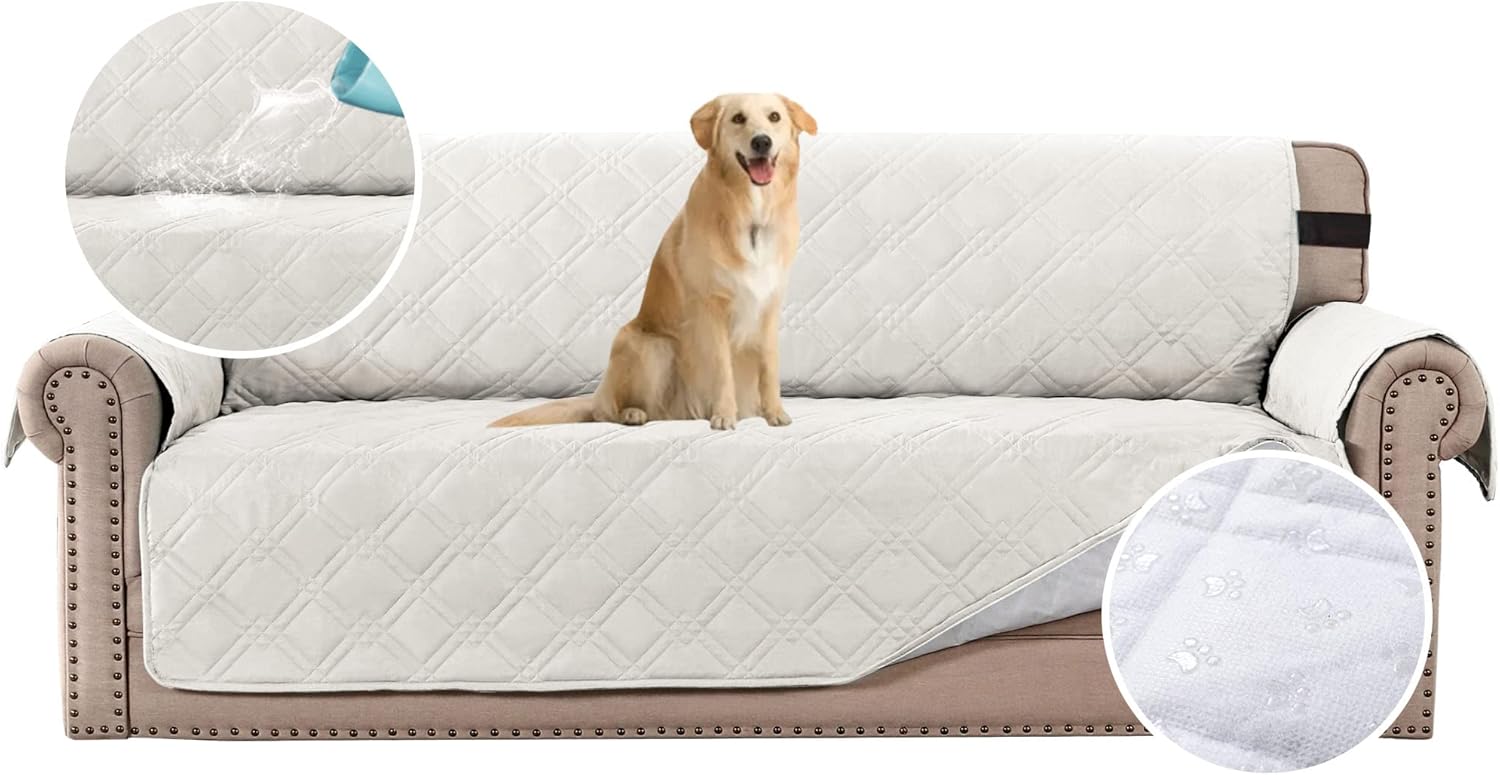 H.VERSAILTEX 100% Waterproof Sofa Slipcover Washable Sofa Cover Non-Slip Couch Cover for 3 Cushion Cover Furniture Protector for Pets Couch Cover with Puppy Paw Silicone Backing (XL Sofa, Off White)