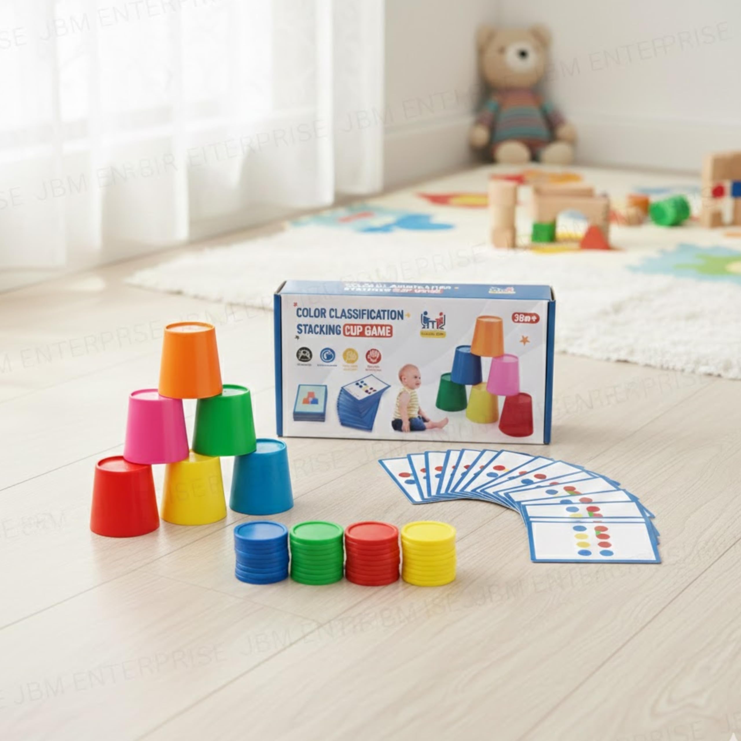 Educational Learning Toy for Kids Color Matching & Stacking Game with Cups, Cards and Coins, Montessori Preschool Toy for Brain Development, Counting Skills