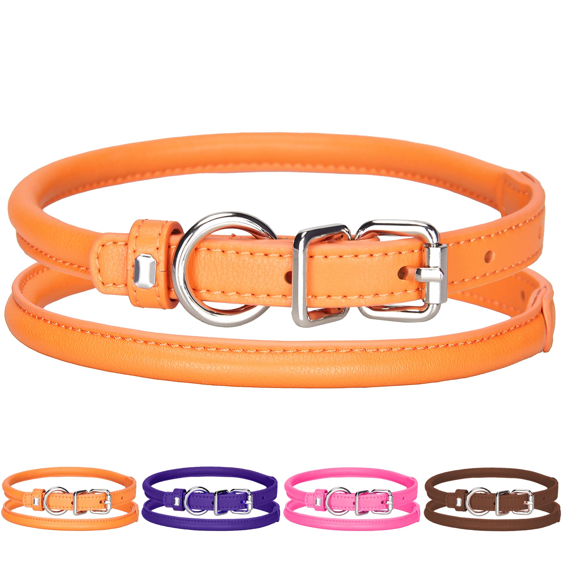 LOIIHEII Rolled Leather Collar for Pet Dogs Round Soft Padded Leather Collars for Puppy&Cat with Cute Metal Buckle Small Dog Collar Orange Medium