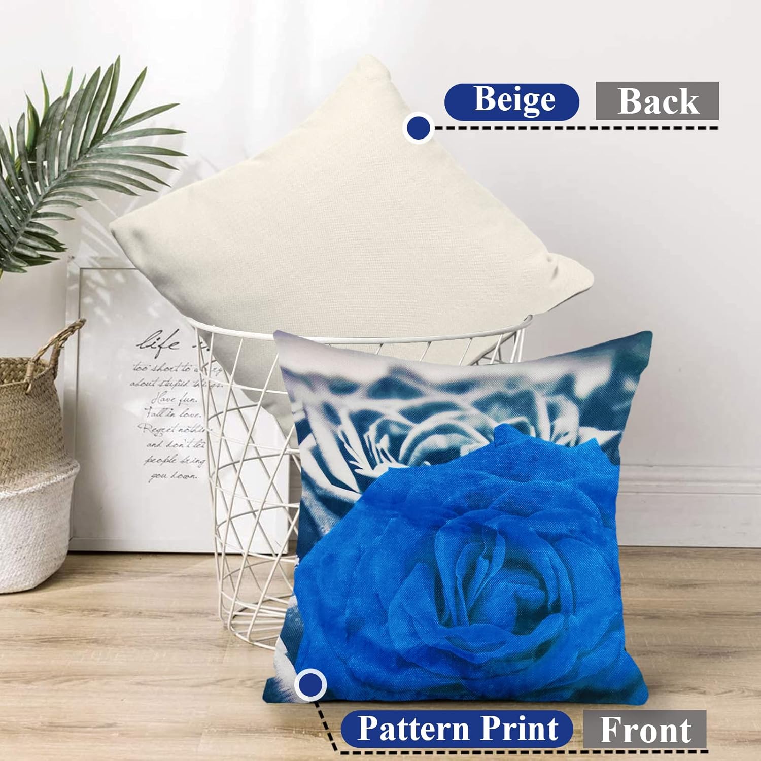 Dark Blue Throw Pillow Covers for Couch 18x18 Set of 4 Flower Blue Pillows Decorative Throw Pillow Covers Bed Living Room Pillow Cases Linen Farmhouse Pillow Covers for Spring Summer (Blue)
