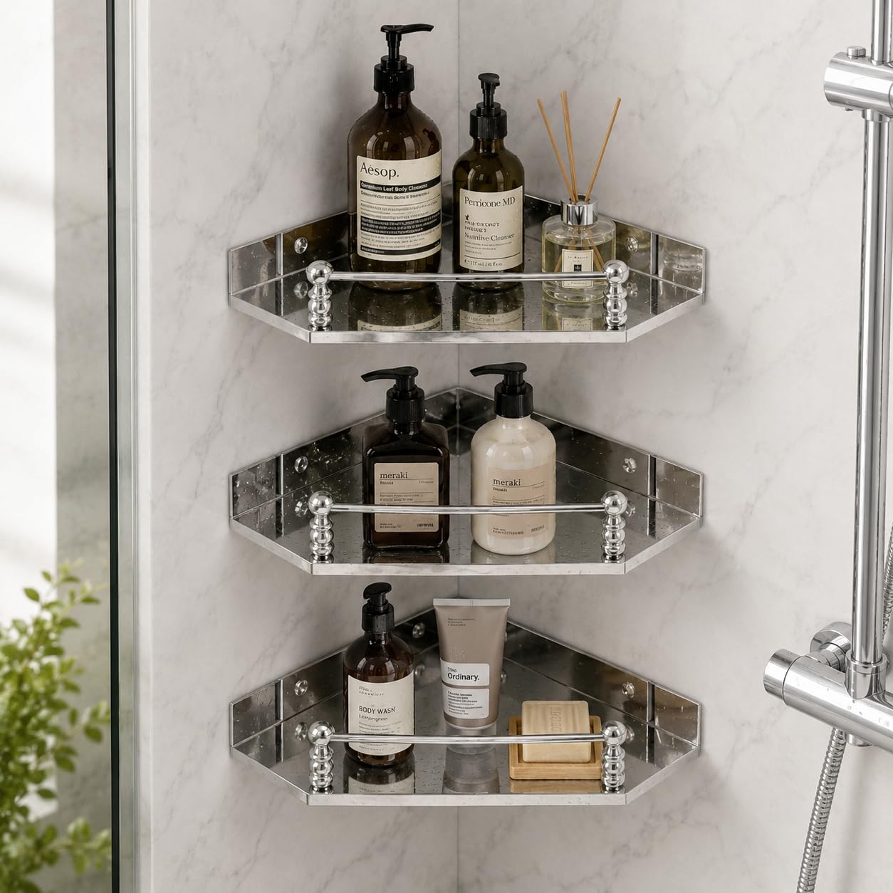 Urban Elite 3-Tier Stainless Steel Corner Shower Shelf | Wall Mounted Bathroom Organizer Rack | Rustproof Mirror Finish Storage Shelf for Shampoo, Soap, Toiletries & Bath Accessories-image-9