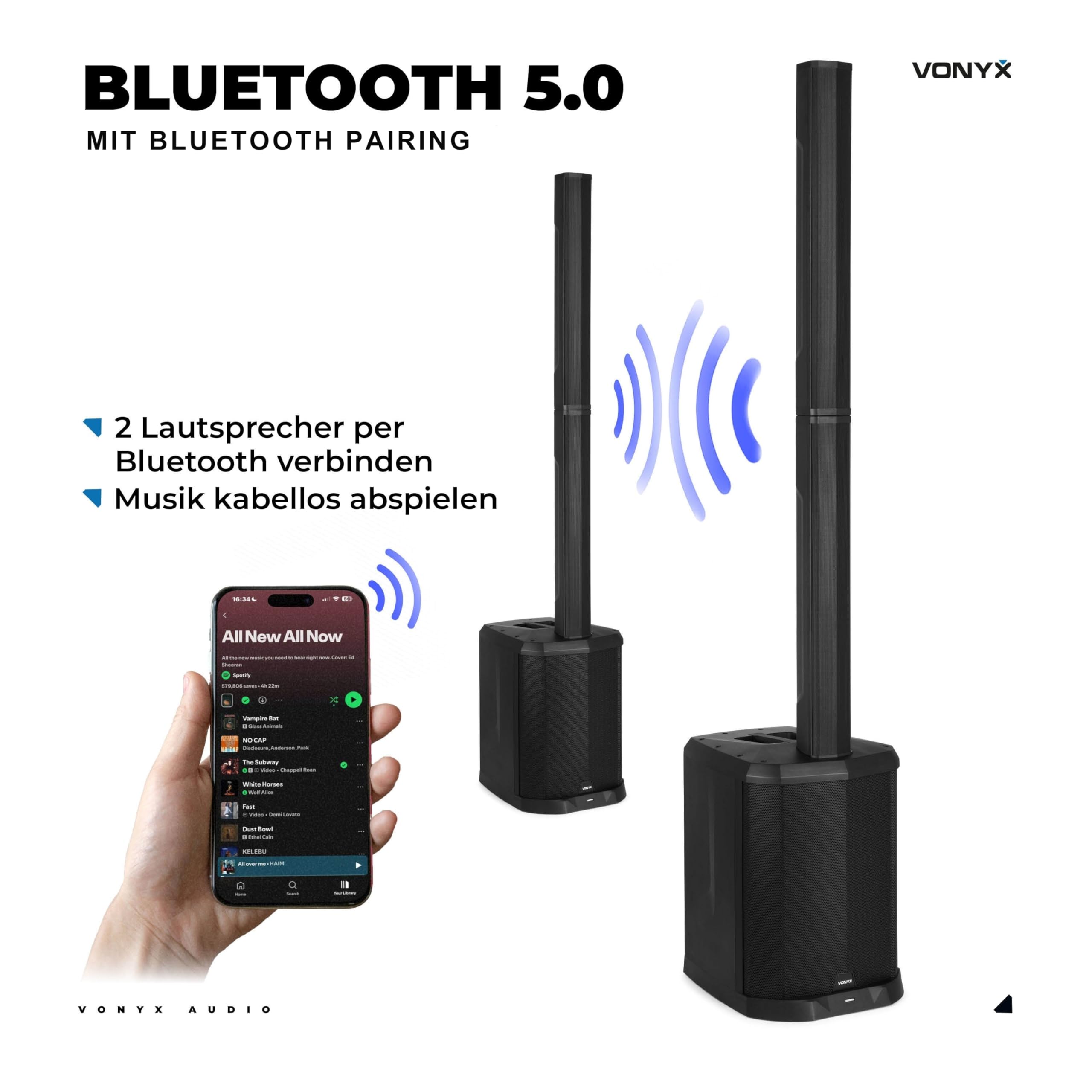 Vonyx VX822 Column Speaker System 2er Set PA Anlage Aktiv 1800 Watt Line Array Säulenlautsprecher 12 Zoll Subwoofer Bluetooth 5.0