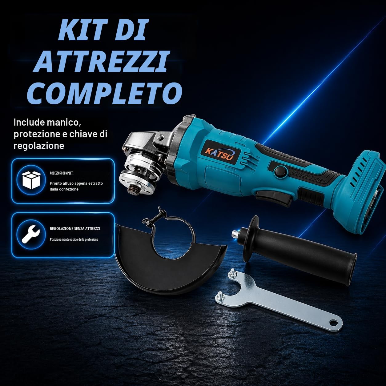Smerigliatrice Angolare a Batteria Brushless 21V KATSU FIT-BAT, 115mm con Motore Brushless per Taglio Lucidatura Smerigliatura, 3 Velocità, Batterie non Incluse (solo Macchina) 102606