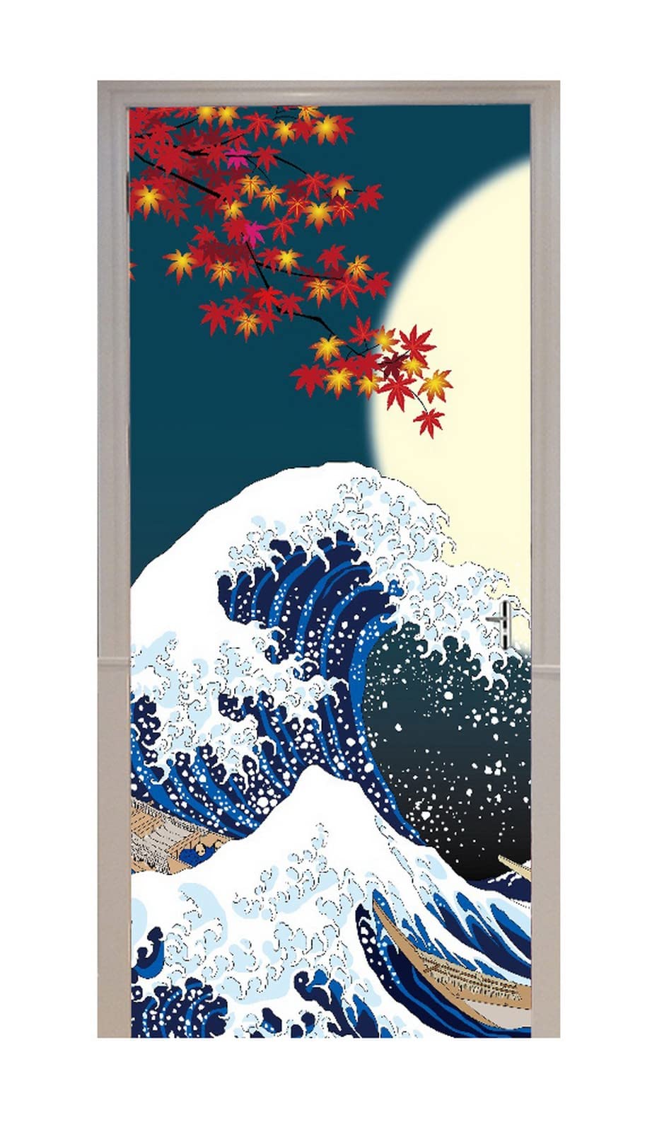 A.Monamour Adesivo Porta Autoadesiva 3D Grande Onda In Stile Giapponese E Luna Piena Vinile PVC Adesivi per Porte Interne Pellicola Adesiva Poster Sticker Murale Parete Carta da Parati