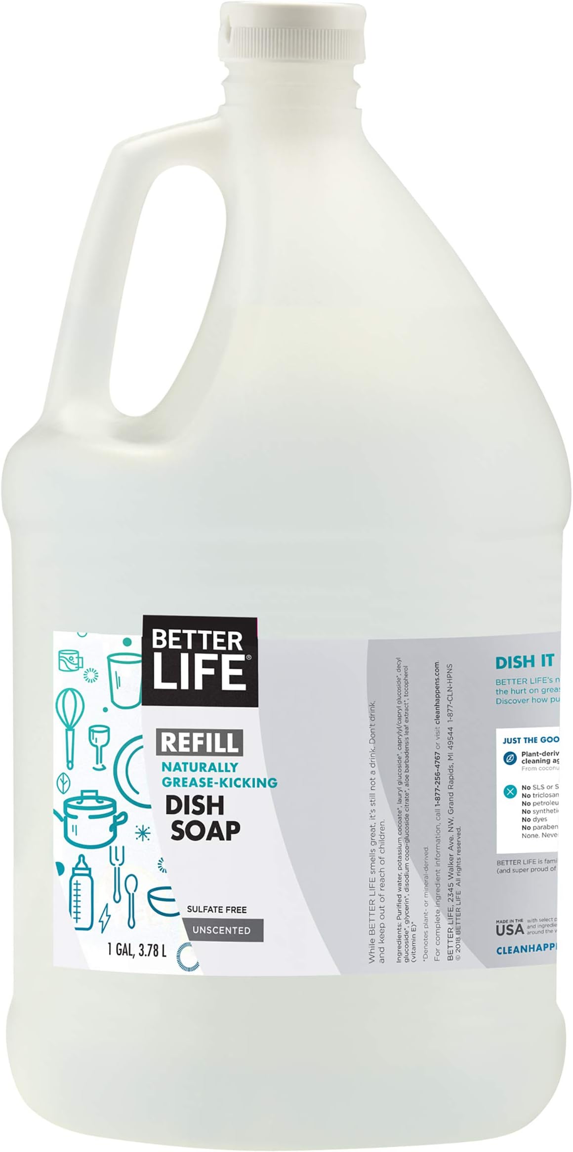 Better LifeDish Soap - Liquid Dishwashing Soap with Vitamin E and Aloe for Home & Kitchen Sink - No Gloves Required Kitchen Soap for Sensitive Skin - 1 Gal Refill Unscented